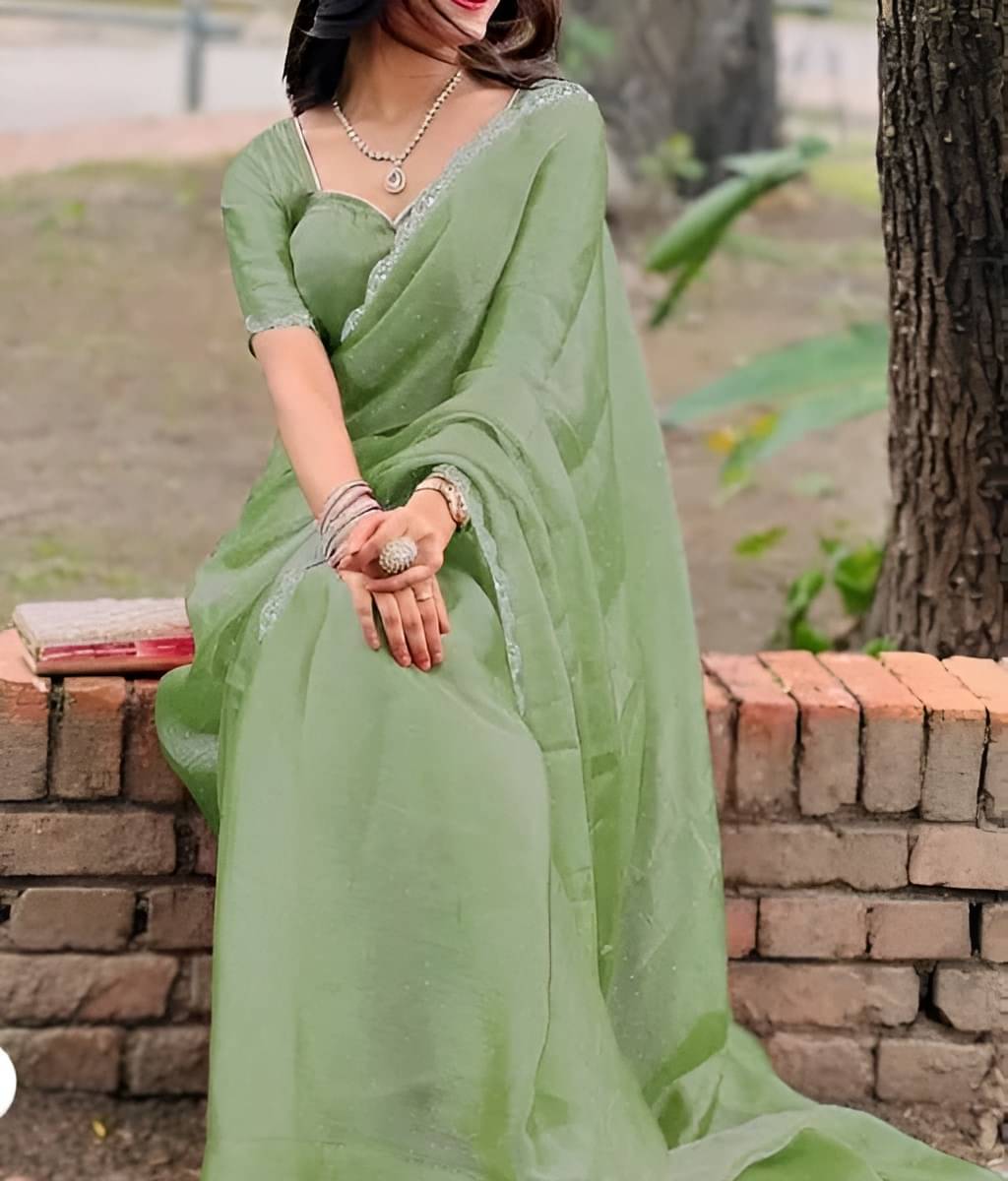     			V FANCY Net Embellished Kanjeevaram Sarees With Stitched Blouse ( Green )