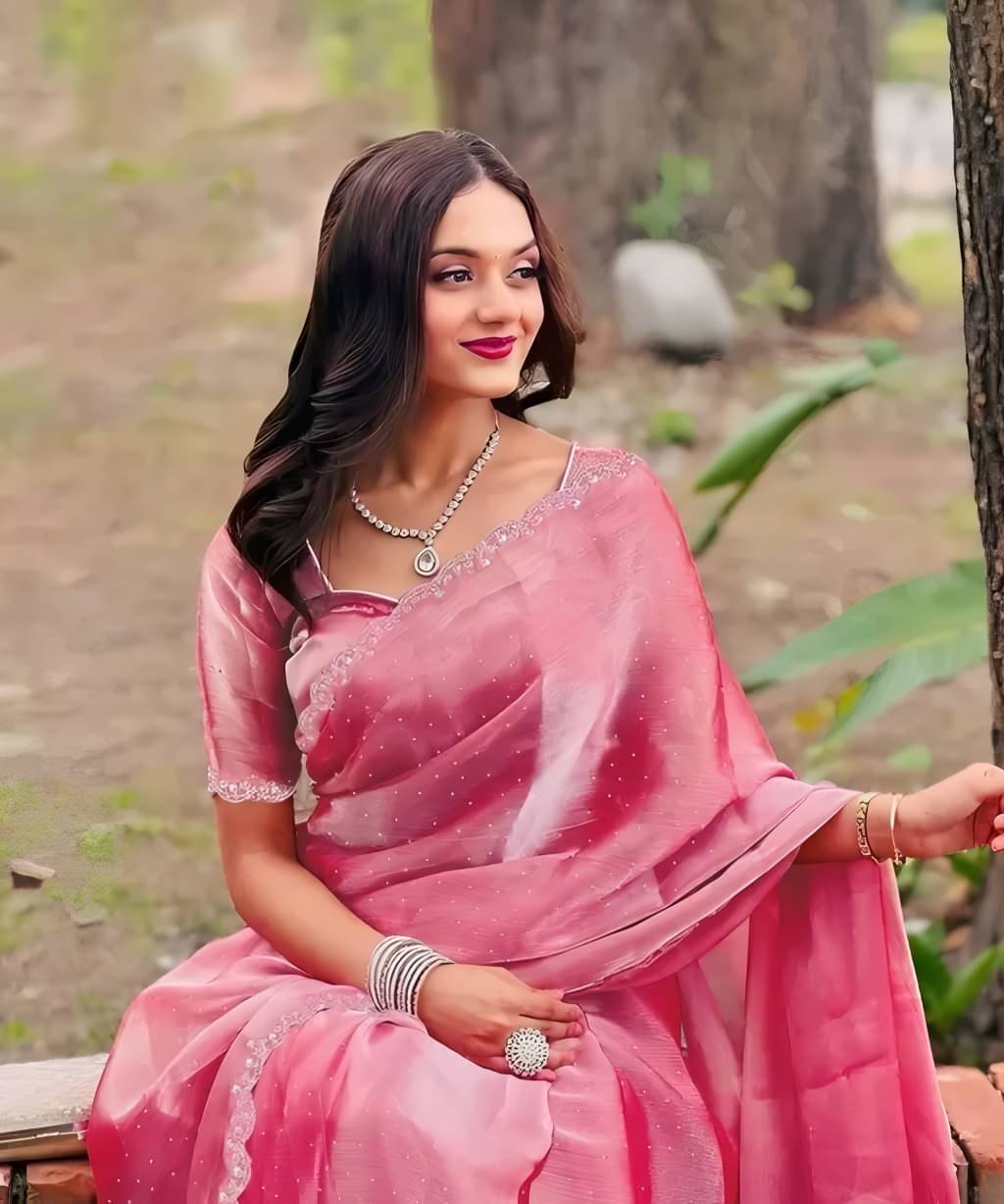     			V FANCY Net Embellished Kanjeevaram Sarees With Stitched Blouse ( Pink )