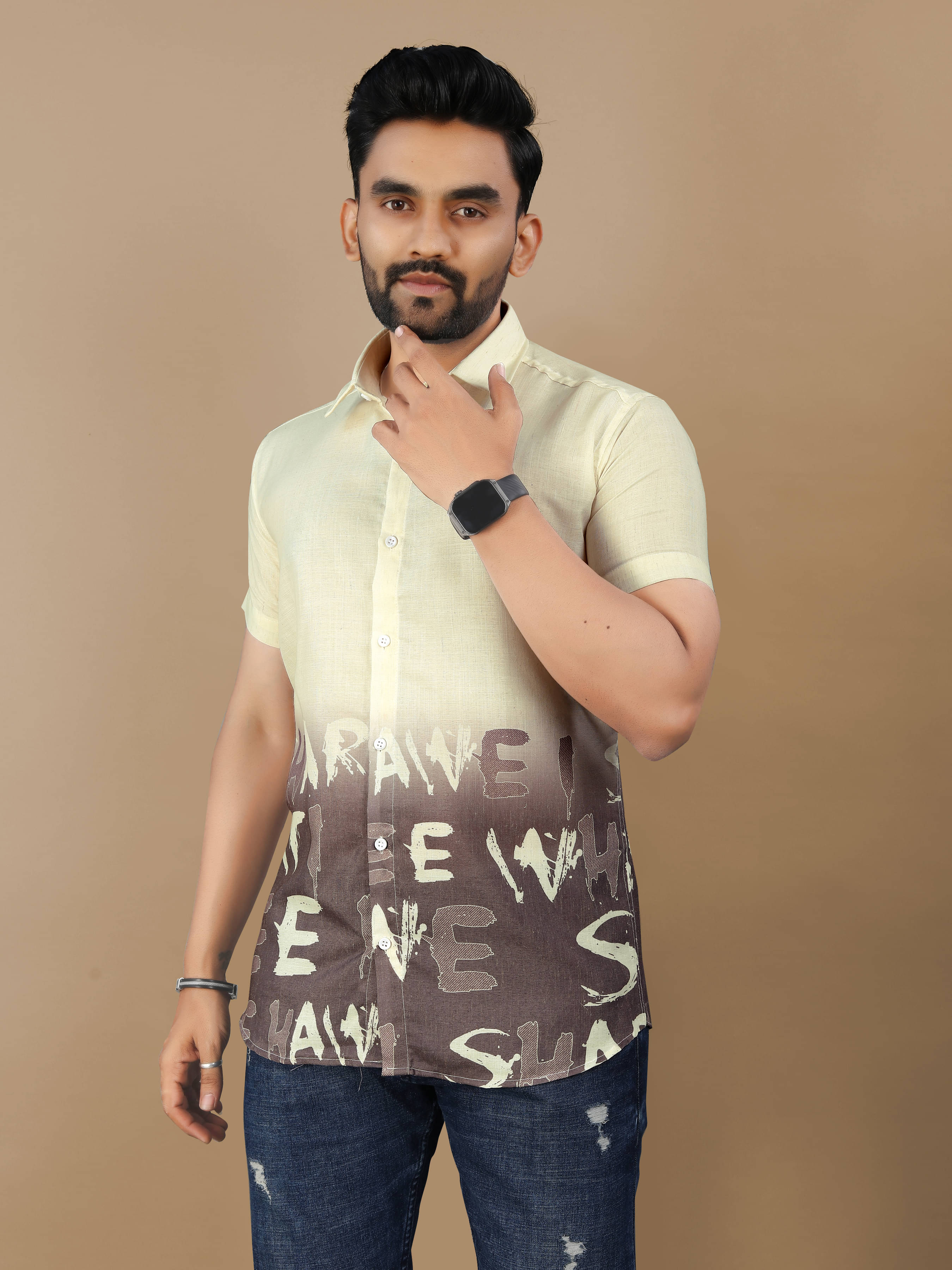     			VS MALL Cotton Flex Regular Fit Self Design Half Sleeves Men's Casual Shirt - Beige ( Pack of 1 )