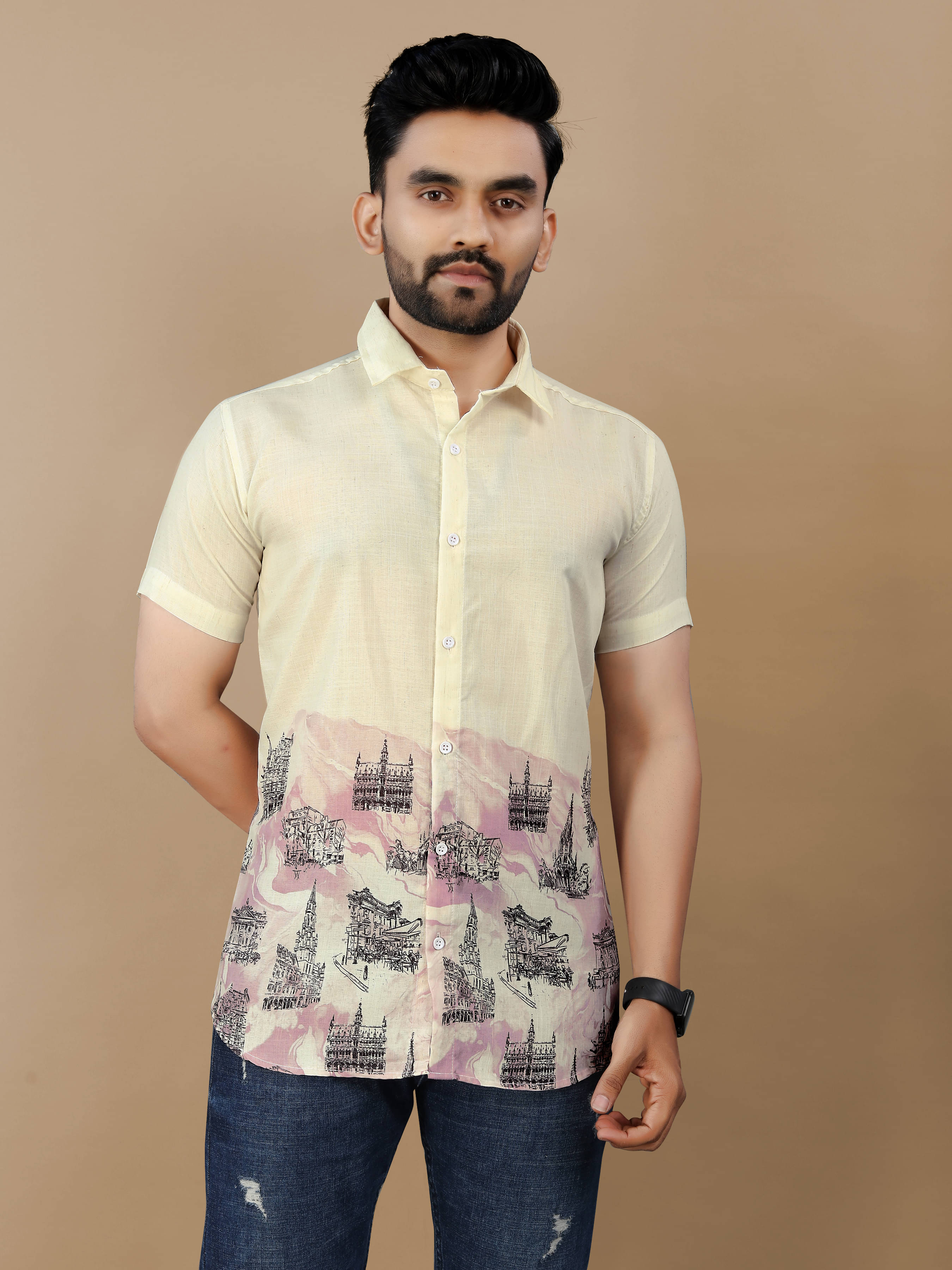     			VS MALL Cotton Flex Regular Fit Self Design Half Sleeves Men's Casual Shirt - Pink ( Pack of 1 )