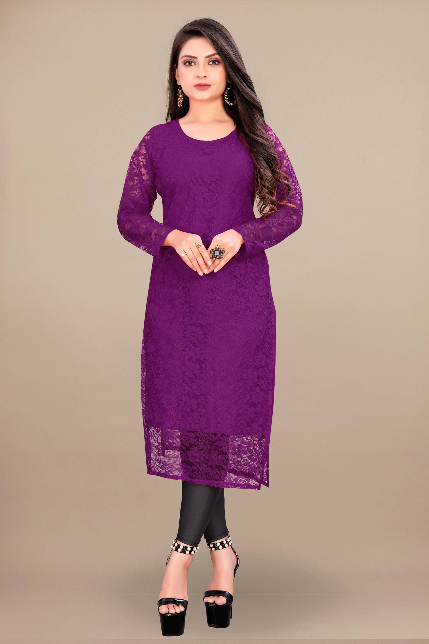 Vidya Fashion Mart Women Net Self Design Straight Kurti ( Purple ) Vidya Fashion Mart Women Net Self Design Straight Kurti ( Purple )