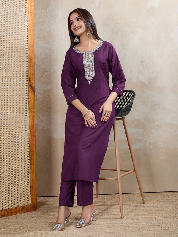    			Women Basket Women Cotton Solid Straight Kurti With Pants ( Purple )
