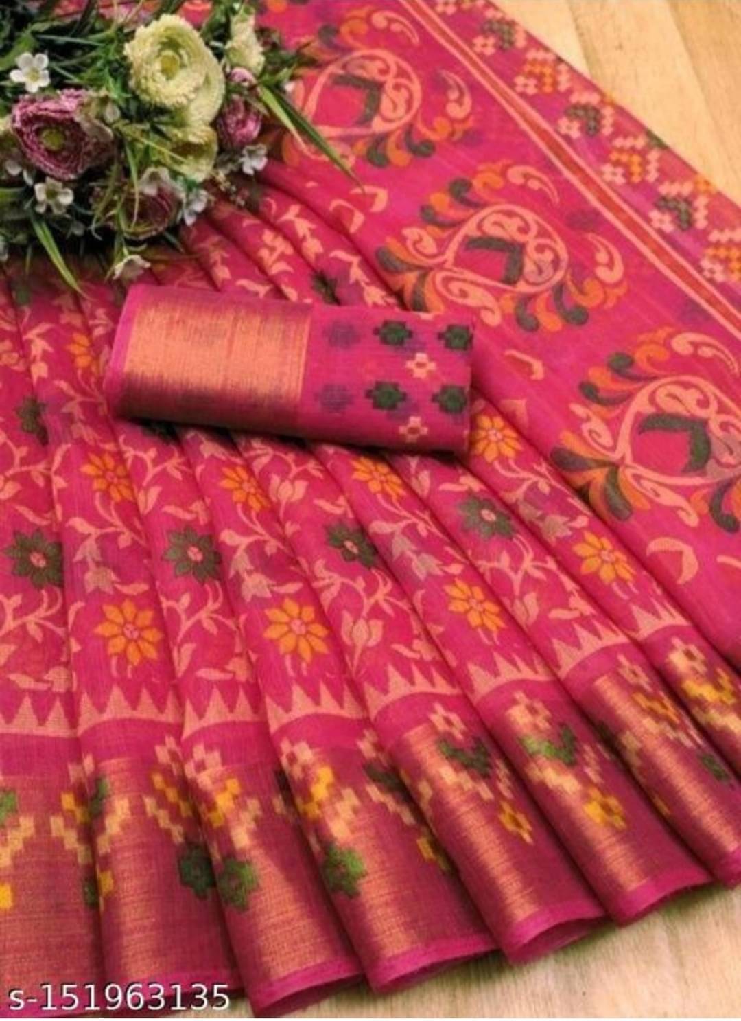 YUGAVEERAA Cotton Silk Applique Saree With Unstitched Blouse Piece ( Pink ) YUGAVEERAA Cotton Silk Applique Saree With Unstitched Blouse Piece ( Pink )