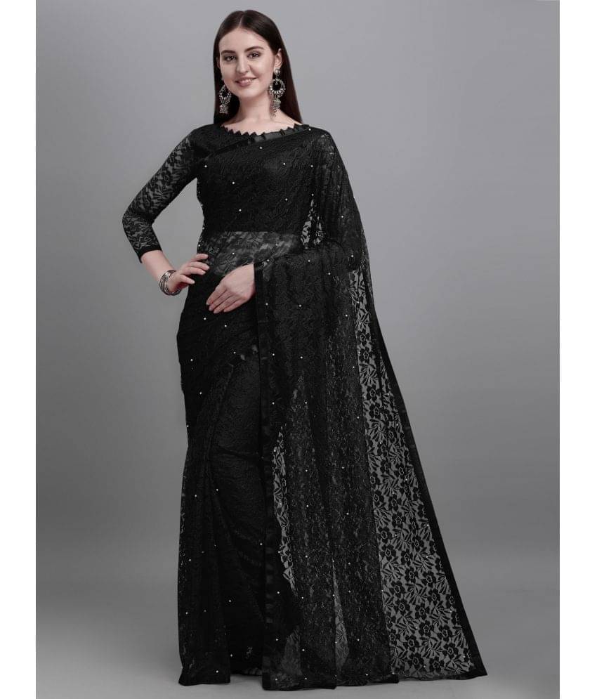 YUGAVEERAA Cotton Silk Applique Saree With Unstitched Blouse Piece ( Black ) YUGAVEERAA Cotton Silk Applique Saree With Unstitched Blouse Piece ( Black )