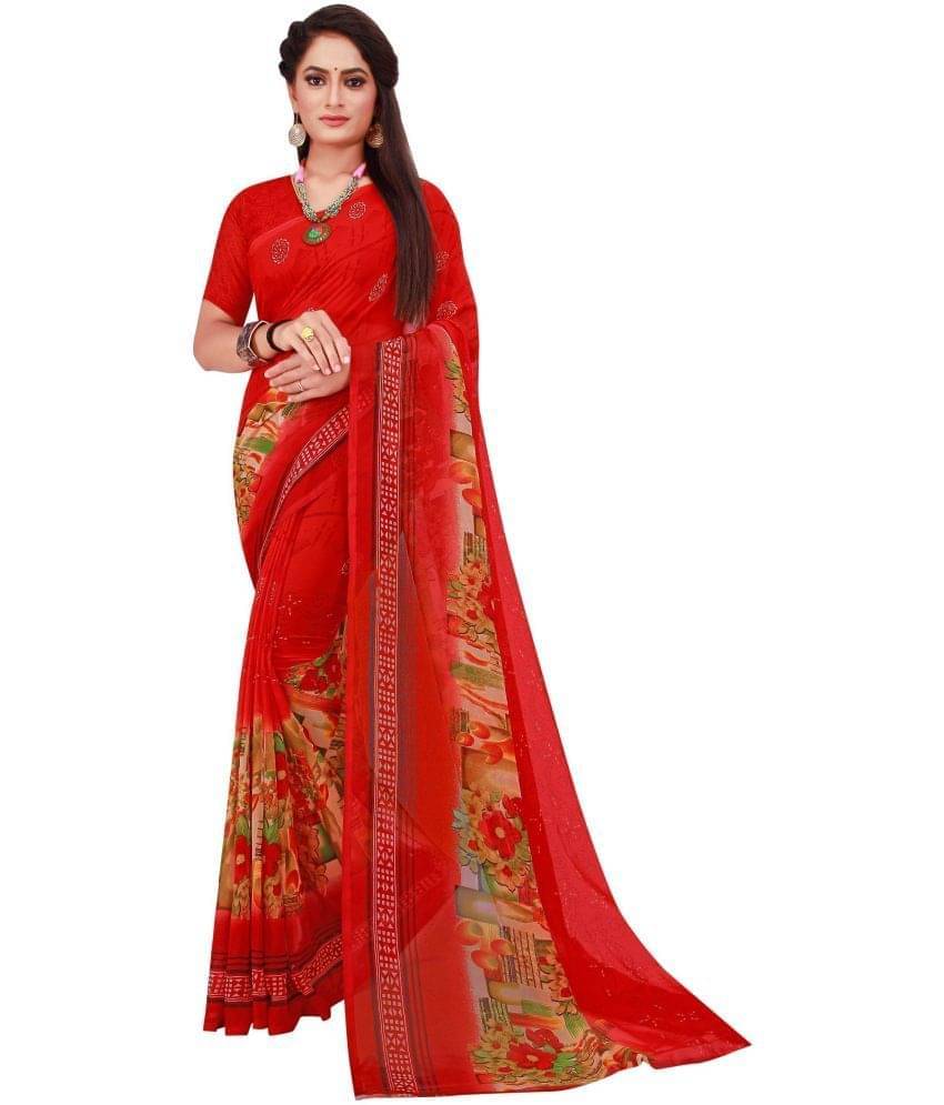     			YUGAVEERAA Cotton Silk Applique Saree With Unstitched Blouse Piece ( Red )