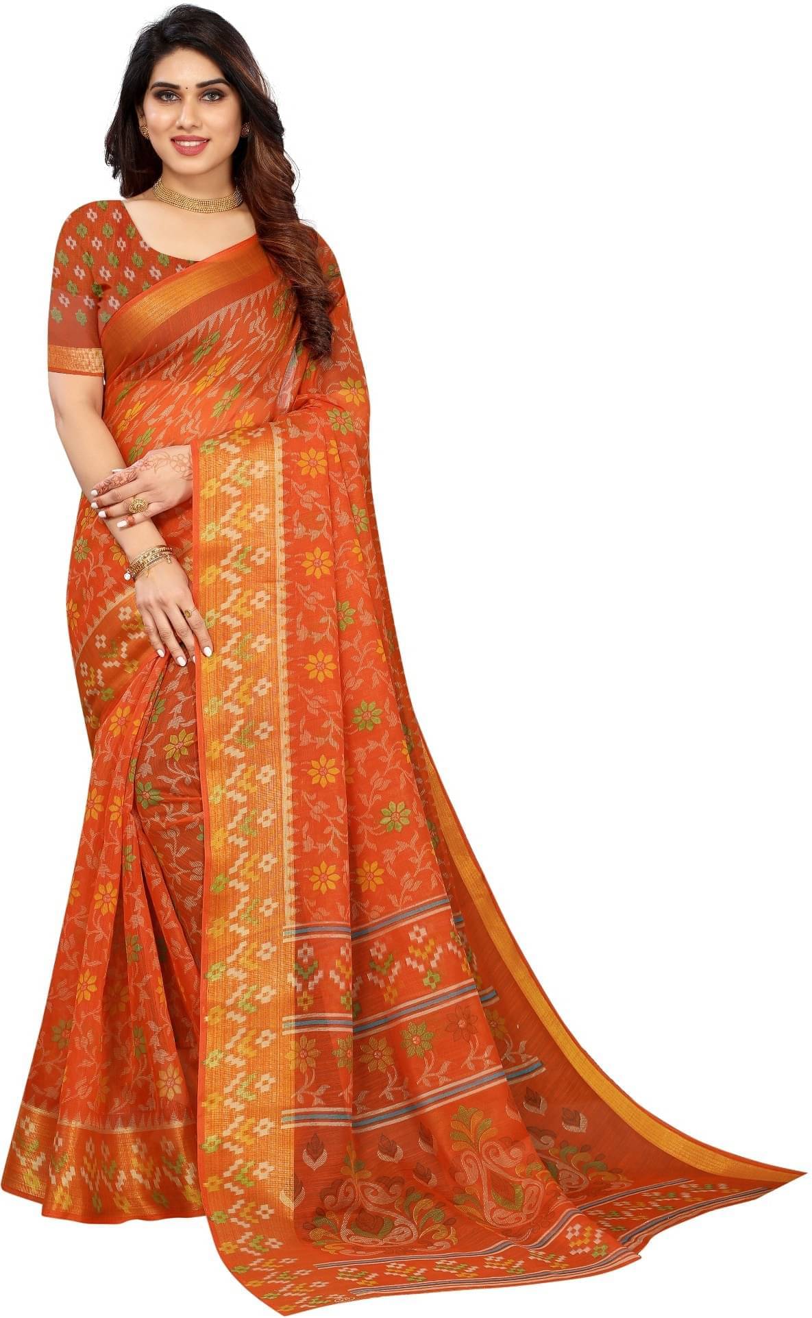     			YUGAVEERAA Cotton Silk Applique Saree With Unstitched Blouse Piece ( Orange )
