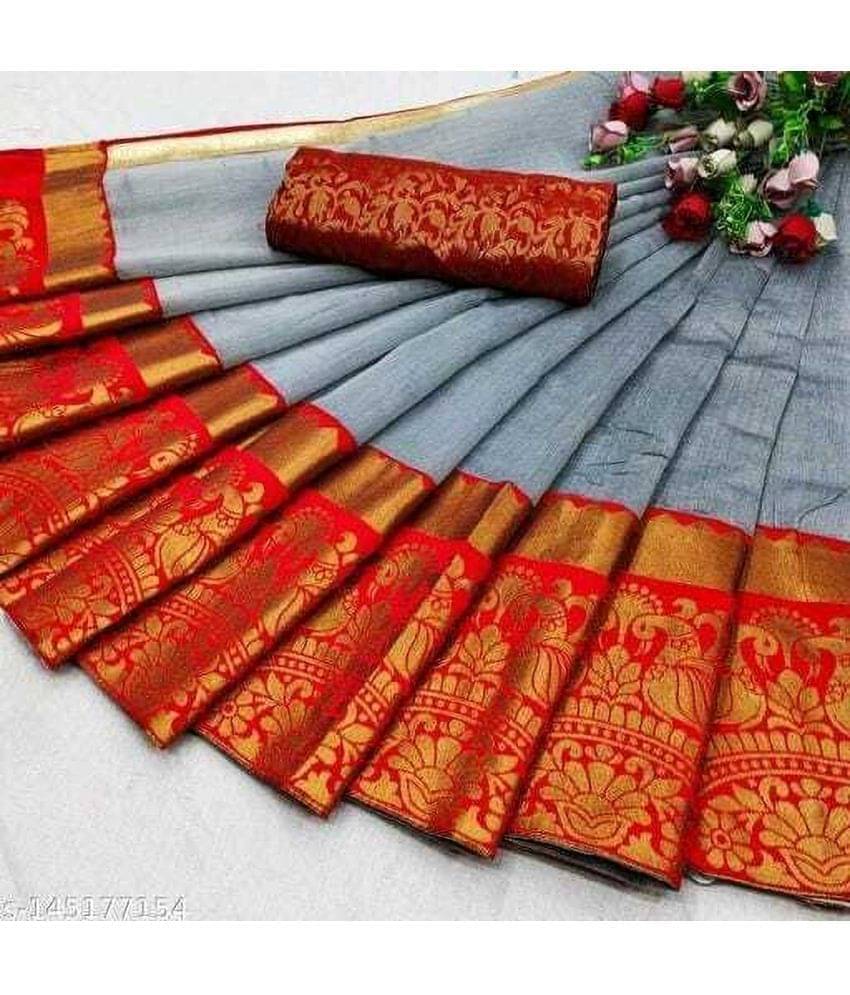 YUGAVEERAA Cotton Silk Applique Saree With Unstitched Blouse Piece ( Grey ) YUGAVEERAA Cotton Silk Applique Saree With Unstitched Blouse Piece ( Grey )