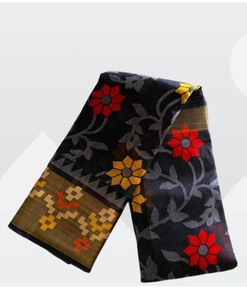 YUGAVEERAA Cotton Silk Applique Saree With Unstitched Blouse Piece ( Black ) YUGAVEERAA Cotton Silk Applique Saree With Unstitched Blouse Piece ( Black )