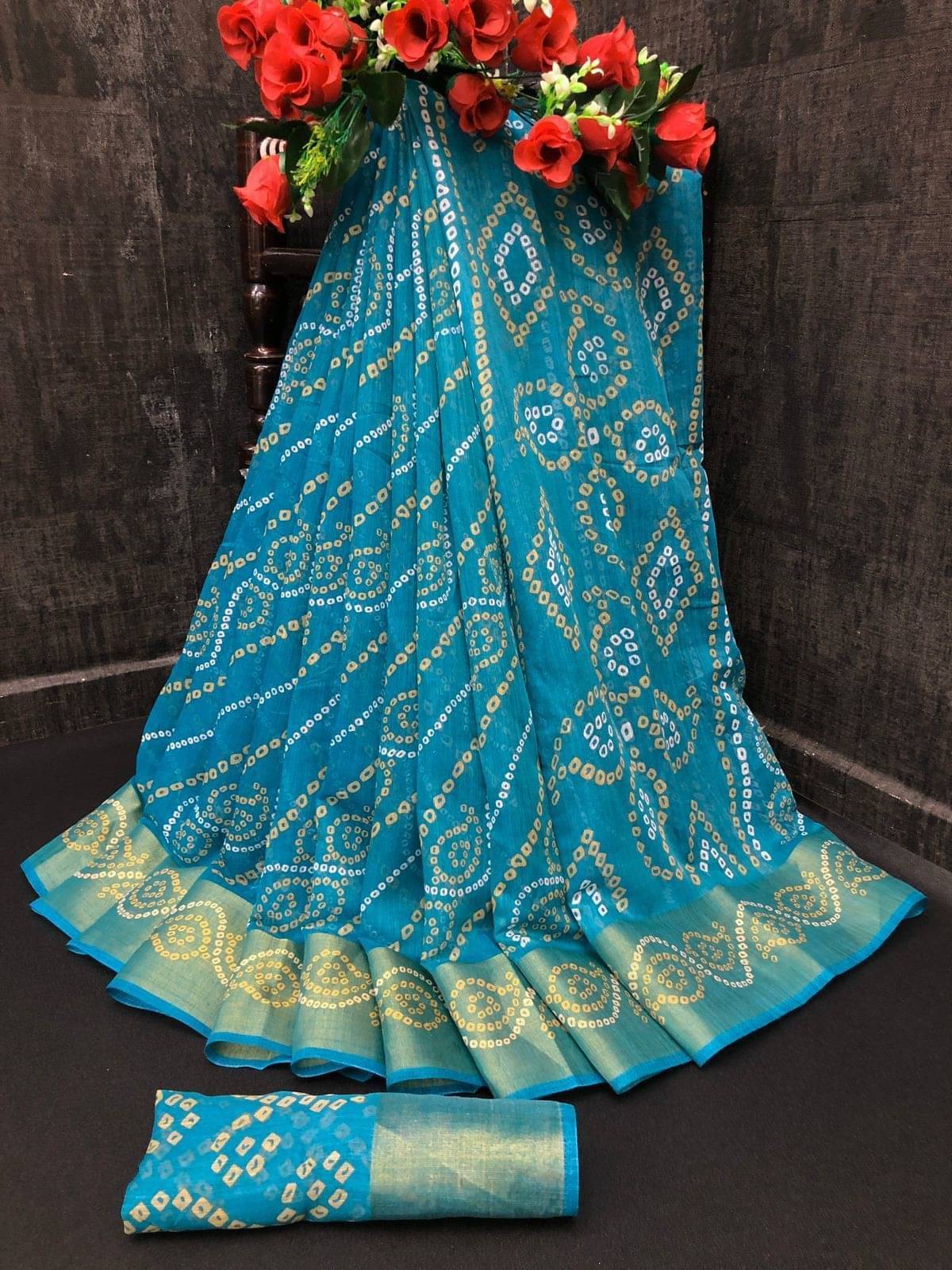 YUGAVEERAA Cotton Silk Printed Saree With Unstitched Blouse Piece ( Turquoise )     			YUGAVEERAA Cotton Silk Printed Saree With Unstitched Blouse Piece ( Turquoise )
