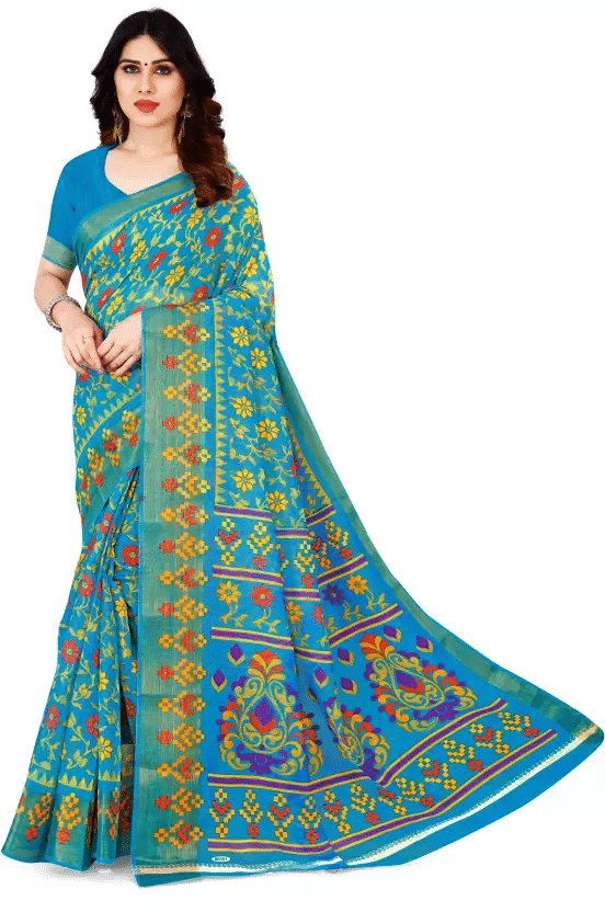 YUGAVEERAA Cotton Silk Printed Saree With Unstitched Blouse Piece ( Rama )     			YUGAVEERAA Cotton Silk Printed Saree With Unstitched Blouse Piece ( Rama )