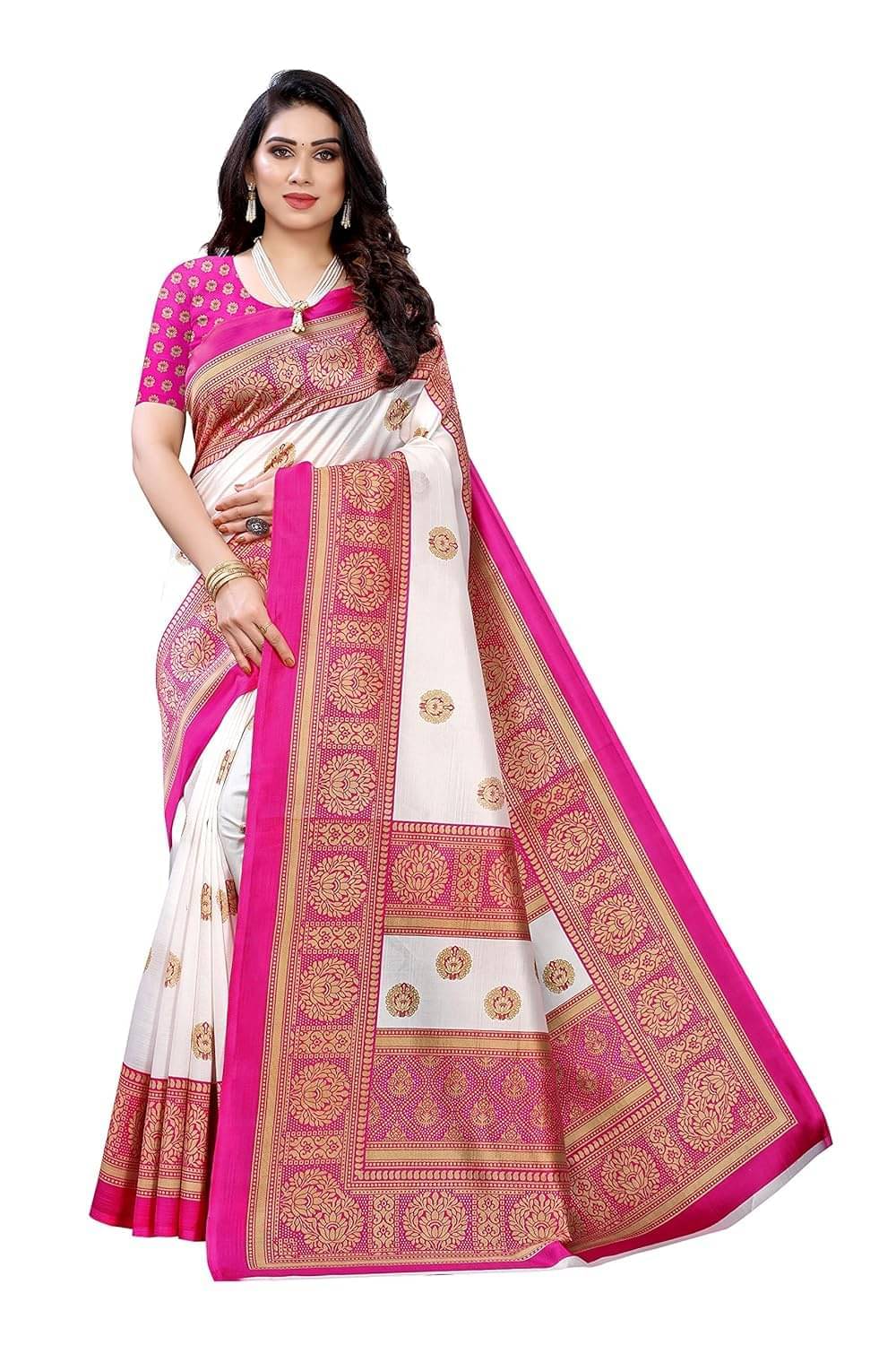     			YUGAVEERAA Cotton Silk Printed Saree With Unstitched Blouse Piece ( Pink )