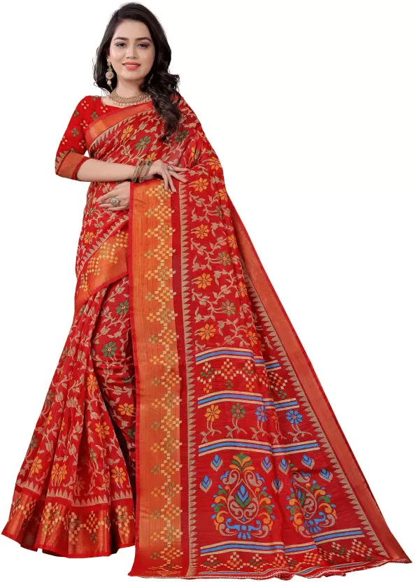 YUGAVEERAA Cotton Silk Printed Saree With Unstitched Blouse Piece ( Red )     			YUGAVEERAA Cotton Silk Printed Saree With Unstitched Blouse Piece ( Red )