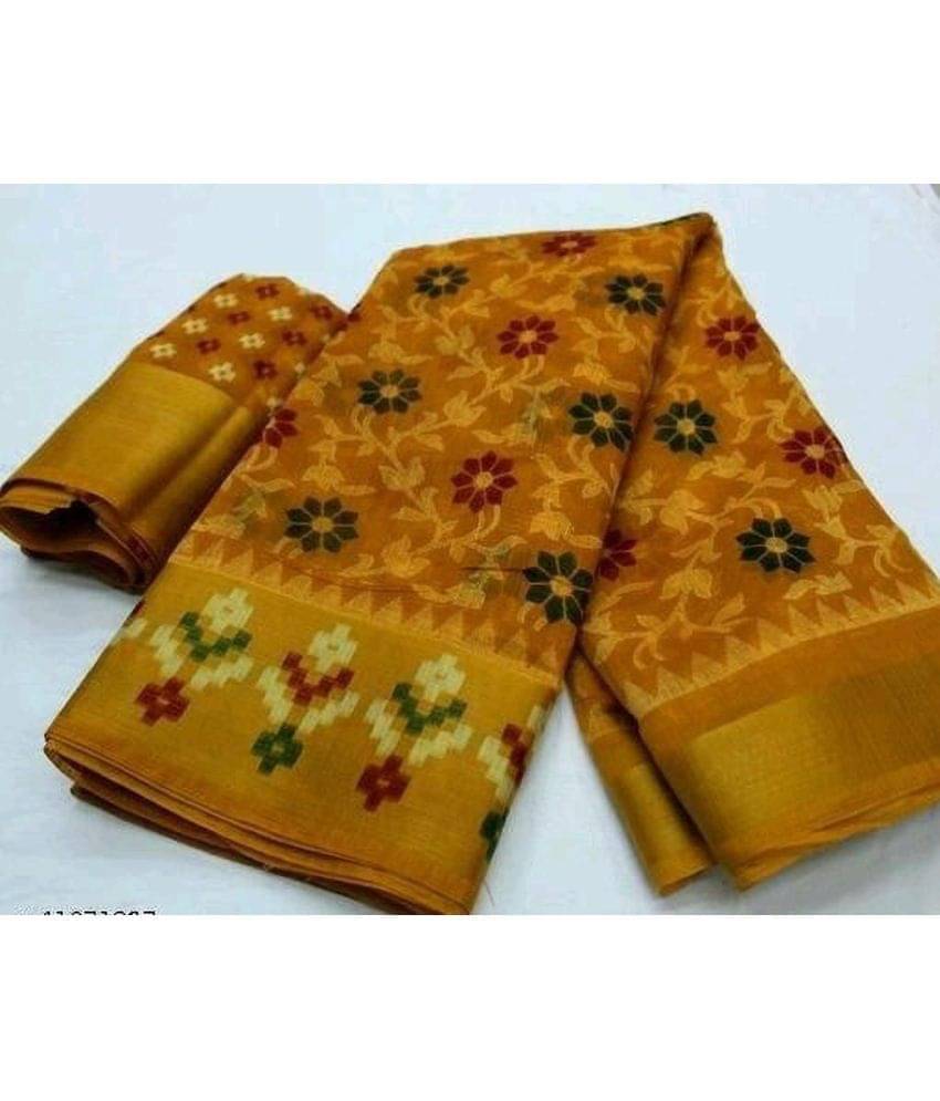 YUGAVEERAA Cotton Silk Solid Saree With Unstitched Blouse Piece ( Yellow ) YUGAVEERAA Cotton Silk Solid Saree With Unstitched Blouse Piece ( Yellow )