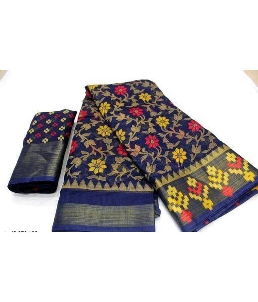     			YUGAVEERAA Cotton Silk Solid Saree With Unstitched Blouse Piece ( Navy Blue )
