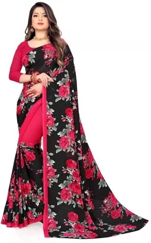     			YUGAVEERAA Georgette Applique Saree With Unstitched Blouse Piece ( Pink )