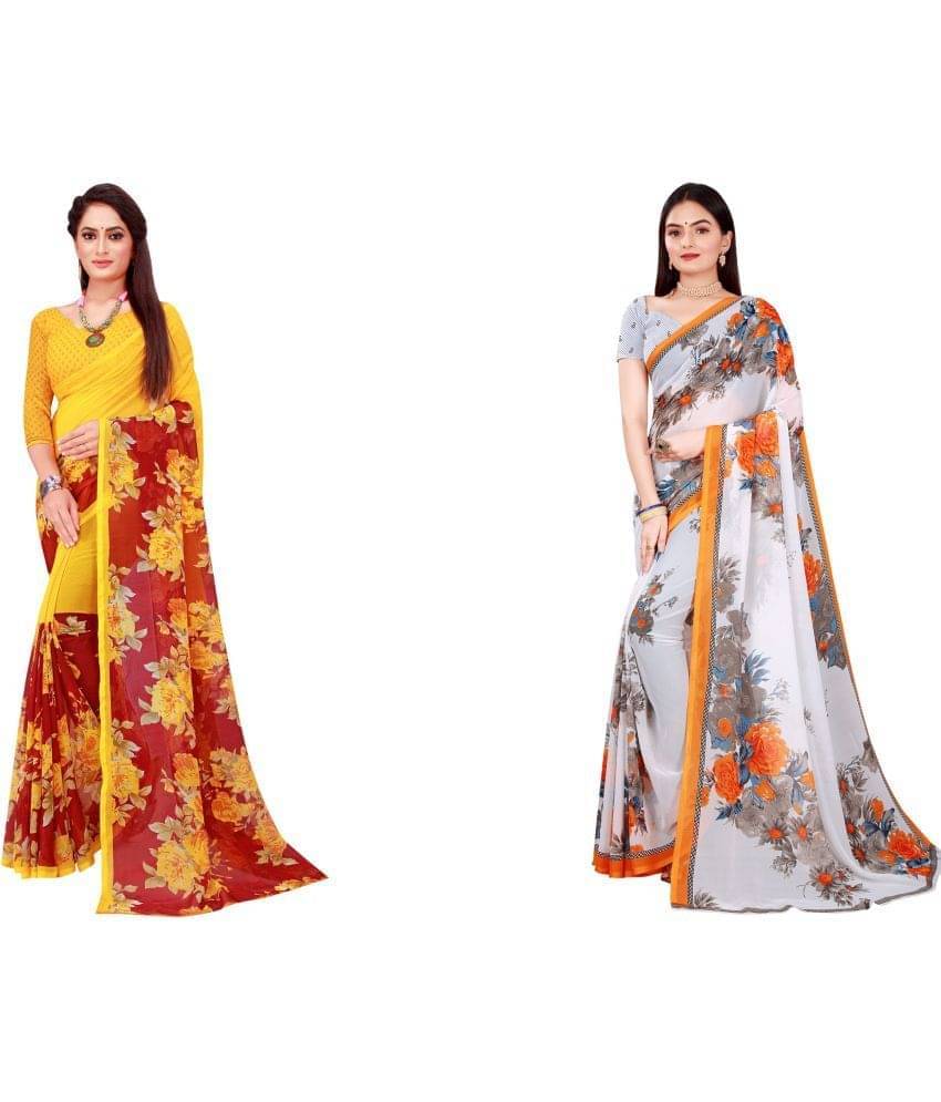 YUGAVEERAA Georgette Printed Saree With Unstitched Blouse Piece ( Grey ) YUGAVEERAA Georgette Printed Saree With Unstitched Blouse Piece ( Grey )