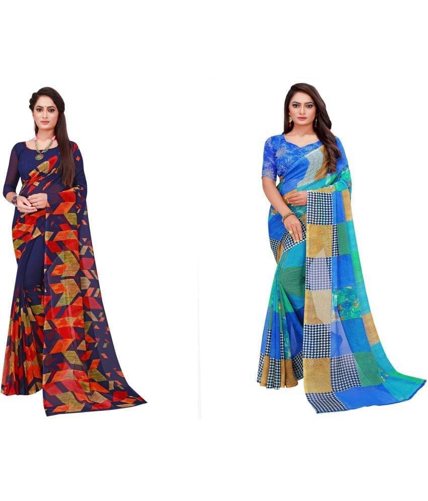     			YUGAVEERAA Georgette Printed Saree With Unstitched Blouse Piece ( Blue )