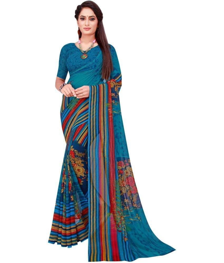    			YUGAVEERAA Georgette Printed Saree With Unstitched Blouse Piece ( Blue )