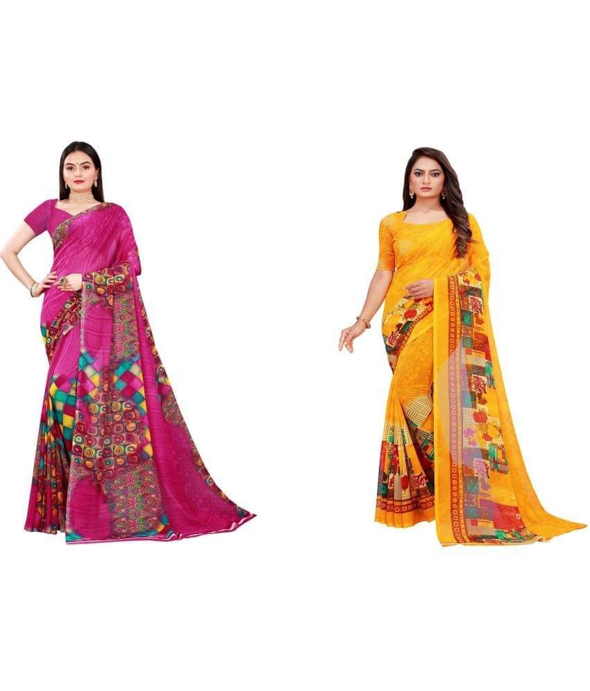 YUGAVEERAA Georgette Printed Saree With Unstitched Blouse Piece ( Brown ) YUGAVEERAA Georgette Printed Saree With Unstitched Blouse Piece ( Brown )