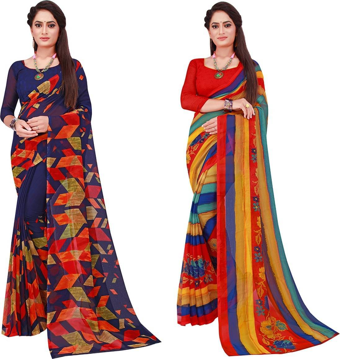     			YUGAVEERAA Georgette Printed Saree With Unstitched Blouse Piece ( Multicolor 2 )