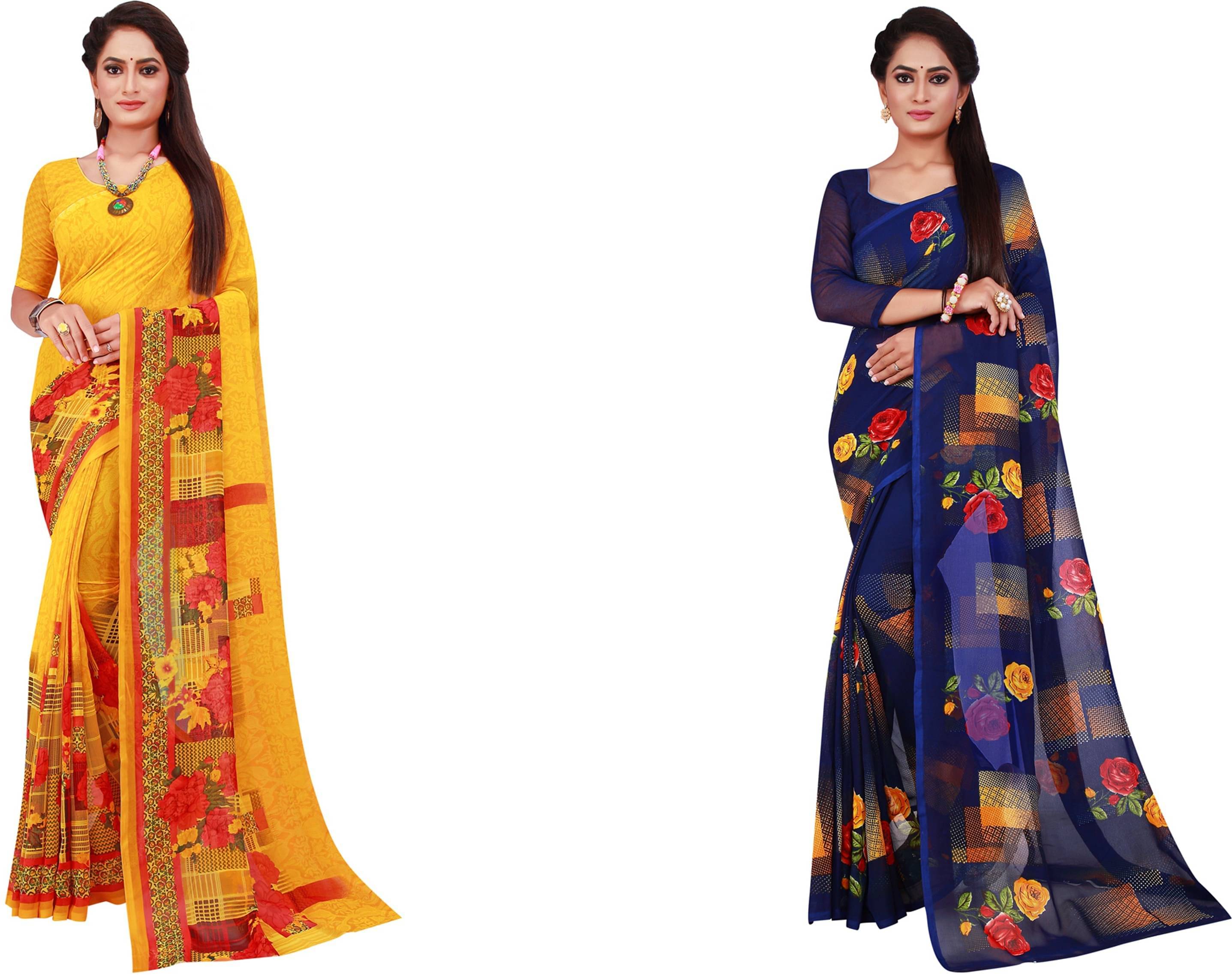 YUGAVEERAA Georgette Printed Saree With Unstitched Blouse Piece ( Gold ) YUGAVEERAA Georgette Printed Saree With Unstitched Blouse Piece ( Gold )