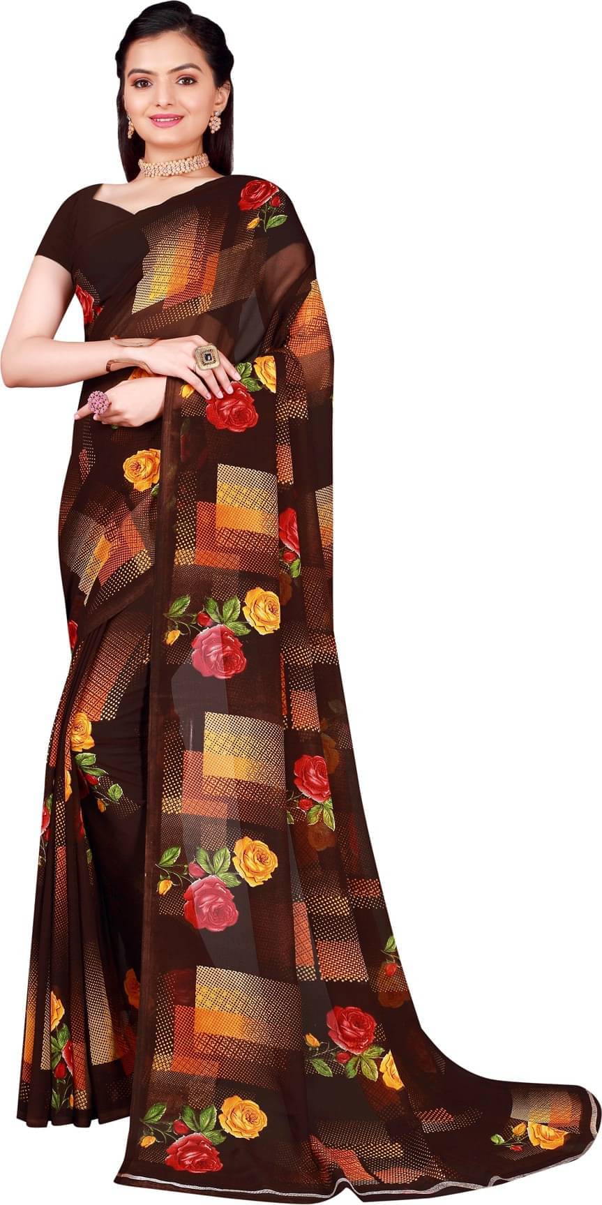 YUGAVEERAA Georgette Printed Saree With Unstitched Blouse Piece ( Brown ) YUGAVEERAA Georgette Printed Saree With Unstitched Blouse Piece ( Brown )
