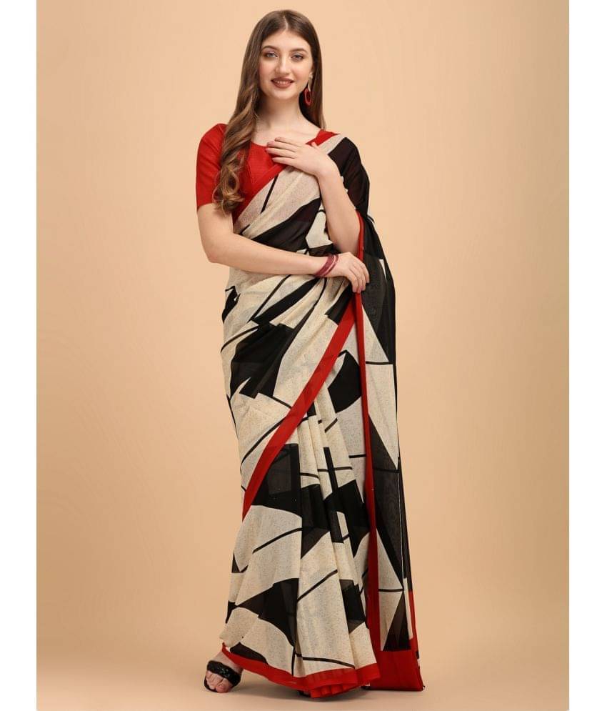 YUGAVEERAA Georgette Printed Saree With Unstitched Blouse Piece ( Black ) YUGAVEERAA Georgette Printed Saree With Unstitched Blouse Piece ( Black )