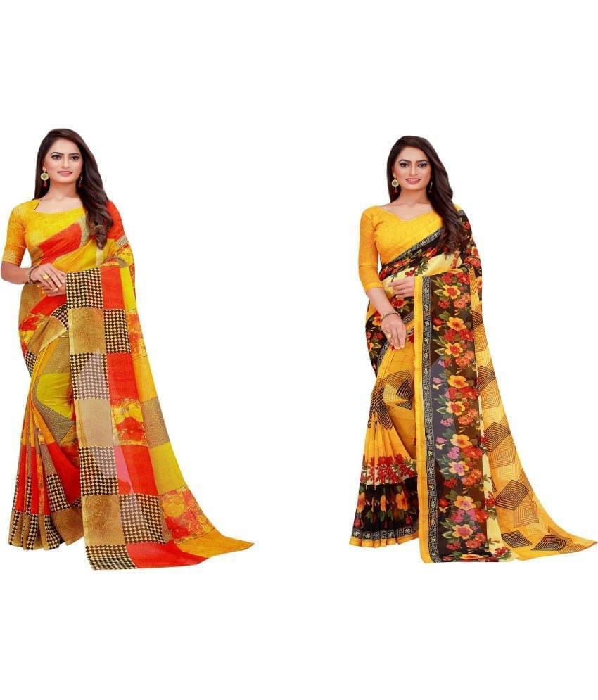 YUGAVEERAA Georgette Printed Saree With Unstitched Blouse Piece ( Blue ) YUGAVEERAA Georgette Printed Saree With Unstitched Blouse Piece ( Blue )