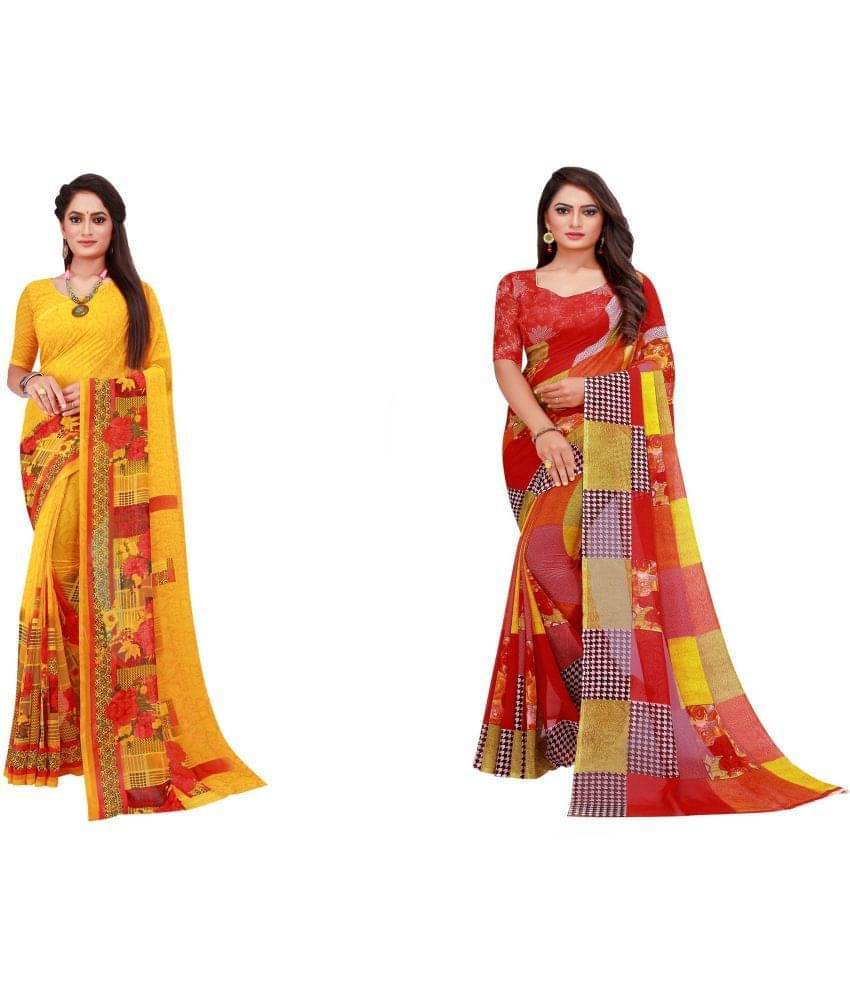 YUGAVEERAA Georgette Printed Saree With Unstitched Blouse Piece ( Red ) YUGAVEERAA Georgette Printed Saree With Unstitched Blouse Piece ( Red )
