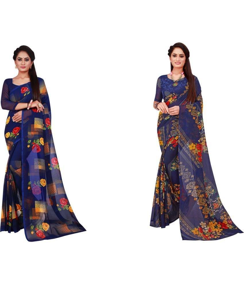 YUGAVEERAA Georgette Printed Saree With Unstitched Blouse Piece ( Blue ) YUGAVEERAA Georgette Printed Saree With Unstitched Blouse Piece ( Blue )