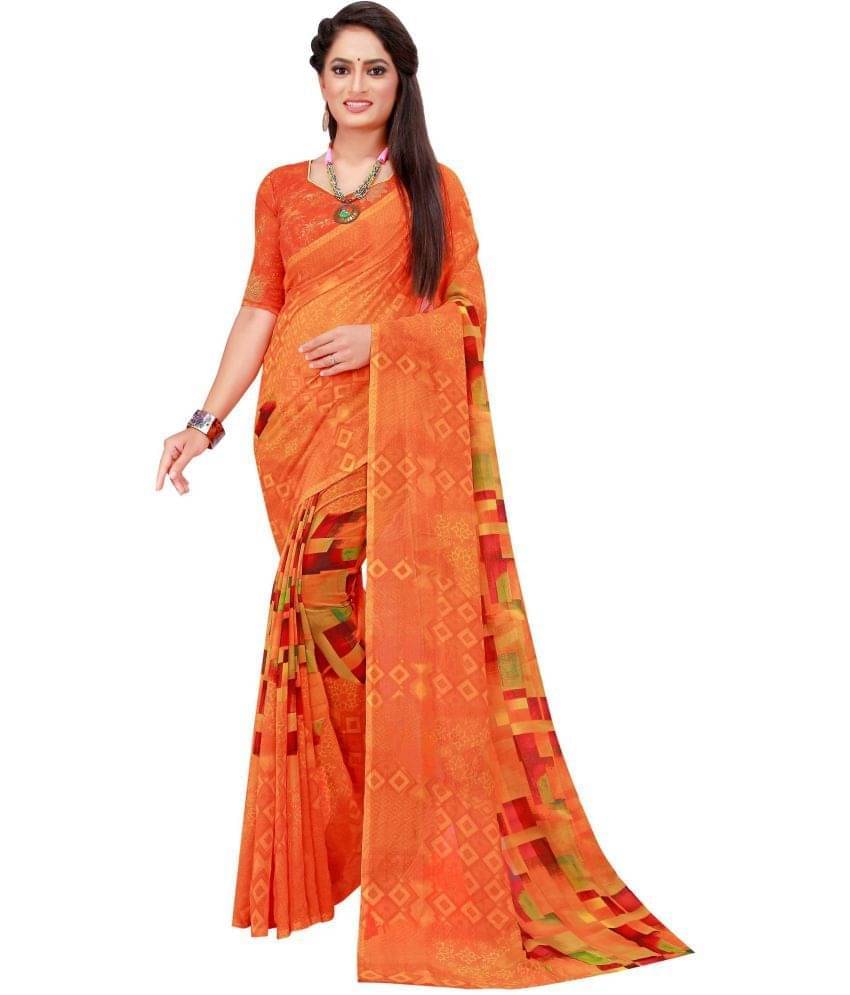 YUGAVEERAA Georgette Printed Saree With Unstitched Blouse Piece ( Orange ) YUGAVEERAA Georgette Printed Saree With Unstitched Blouse Piece ( Orange )