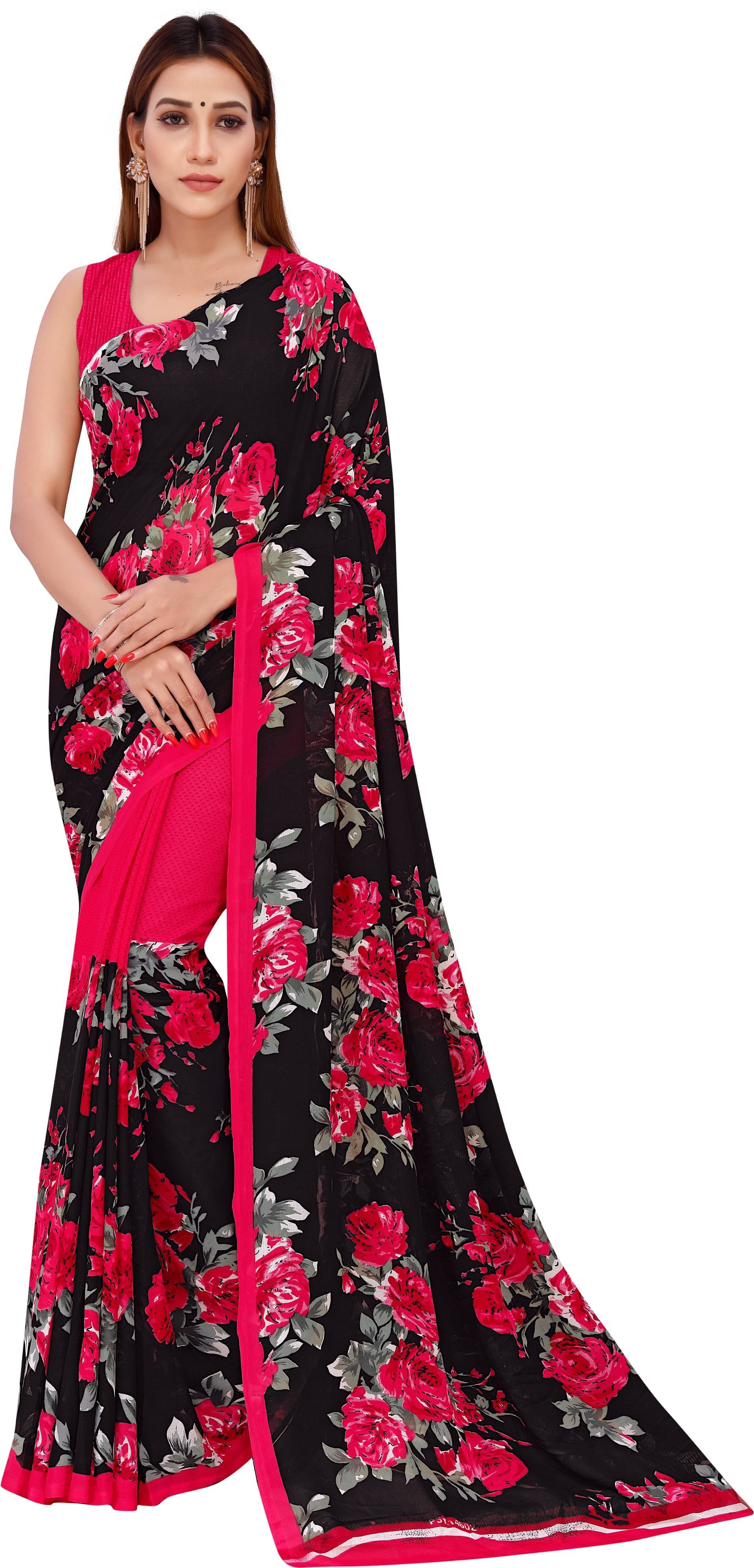 YUGAVEERAA Georgette Self Design Saree With Unstitched Blouse Piece ( Black ) YUGAVEERAA Georgette Self Design Saree With Unstitched Blouse Piece ( Black )