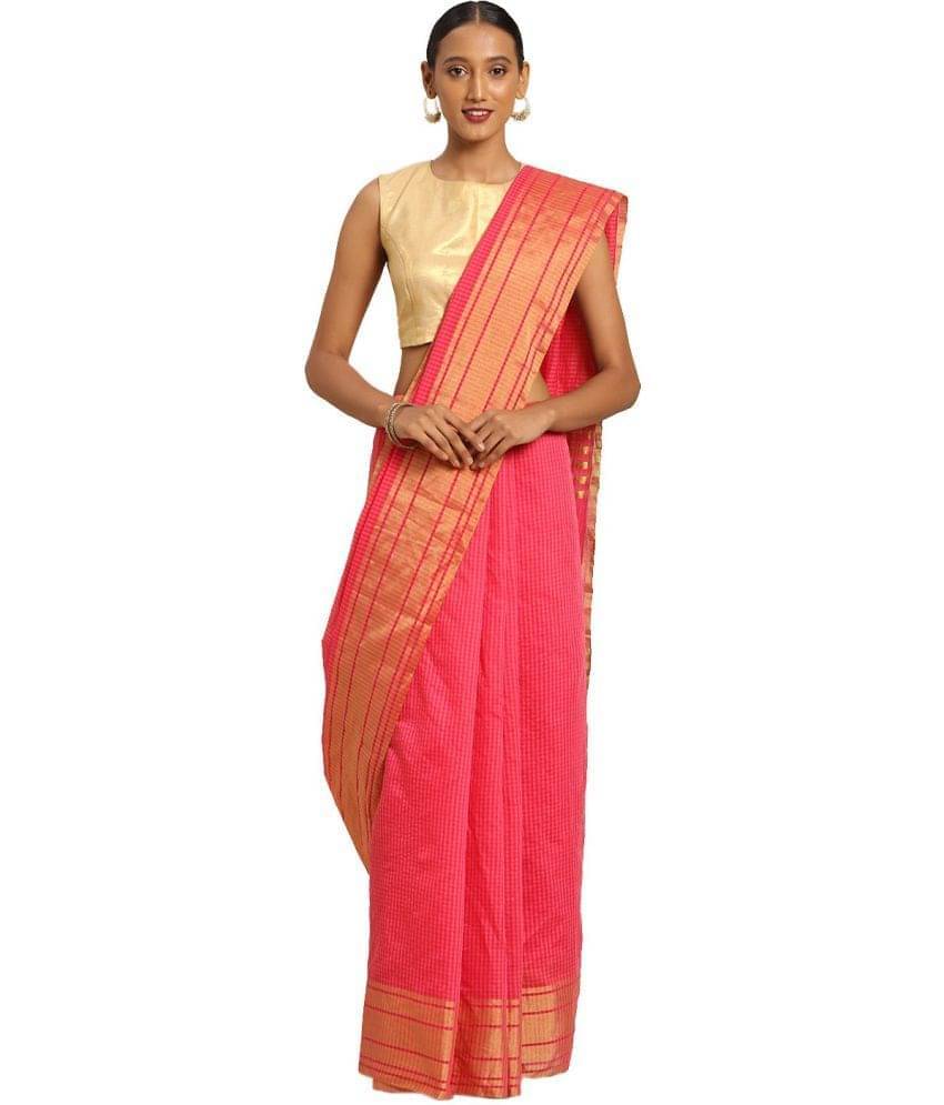     			YUGAVEERAA Net Cut Outs Saree With Unstitched Blouse Piece ( Pink )