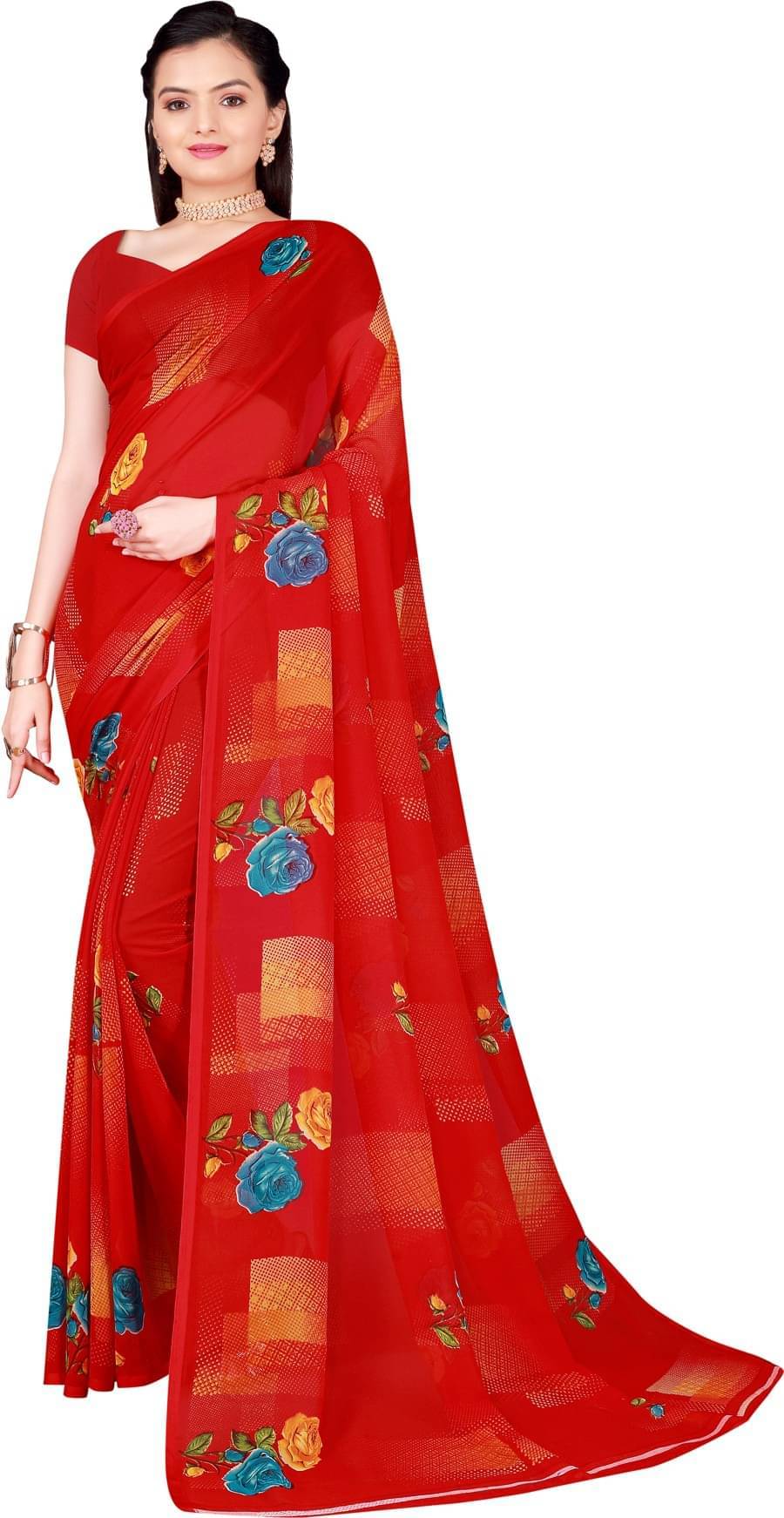    			YUGAVEERAA Net Cut Outs Saree With Unstitched Blouse Piece ( Red )
