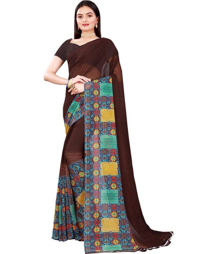     			YUGAVEERAA Net Cut Outs Saree With Unstitched Blouse Piece ( Brown )