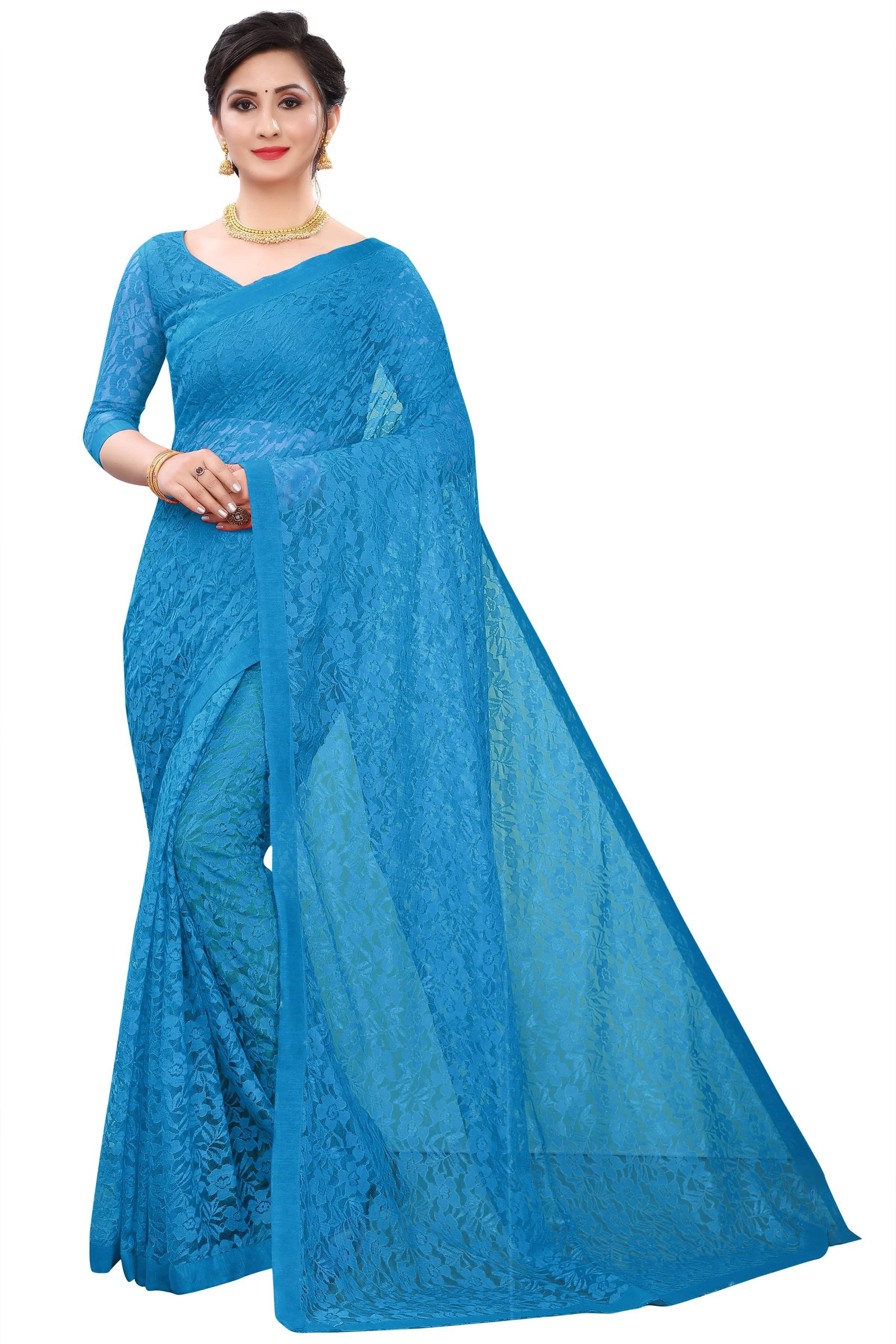     			YUGAVEERAA Net Embroidered Saree With Unstitched Blouse Piece ( Blue )