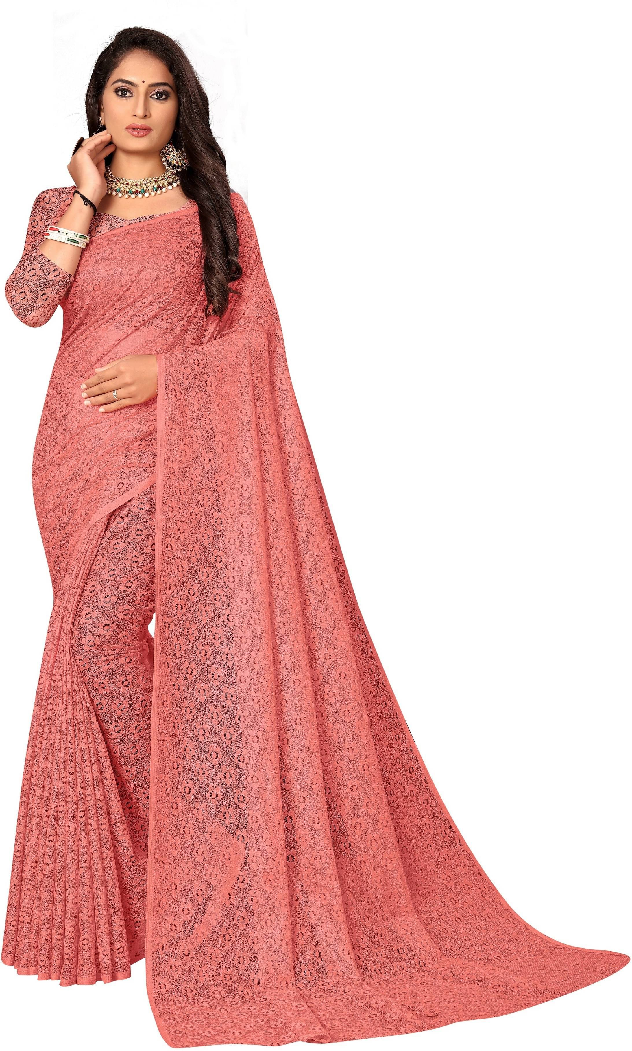 YUGAVEERAA Net Embroidered Saree With Unstitched Blouse Piece ( Peach ) YUGAVEERAA Net Embroidered Saree With Unstitched Blouse Piece ( Peach )