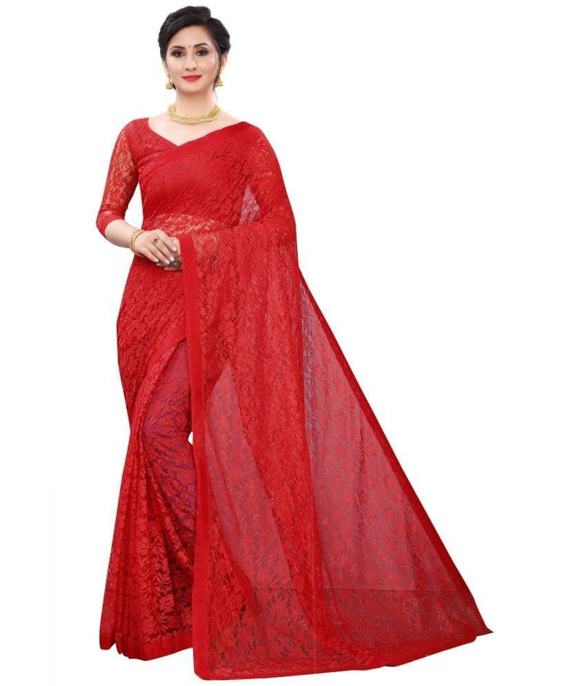     			YUGAVEERAA Net Embroidered Saree With Unstitched Blouse Piece ( Red )