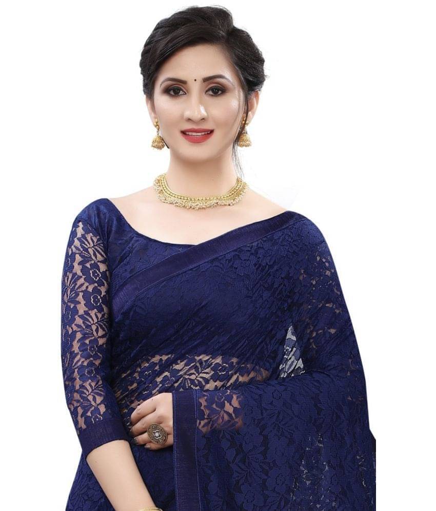     			YUGAVEERAA Net Embroidered Saree With Unstitched Blouse Piece ( Blue )