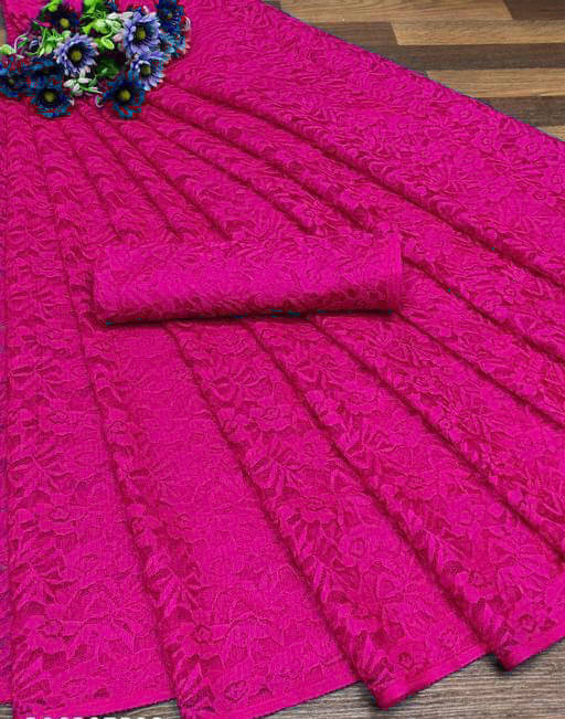 YUGAVEERAA Net Solid Saree With Unstitched Blouse Piece ( Pink ) YUGAVEERAA Net Solid Saree With Unstitched Blouse Piece ( Pink )