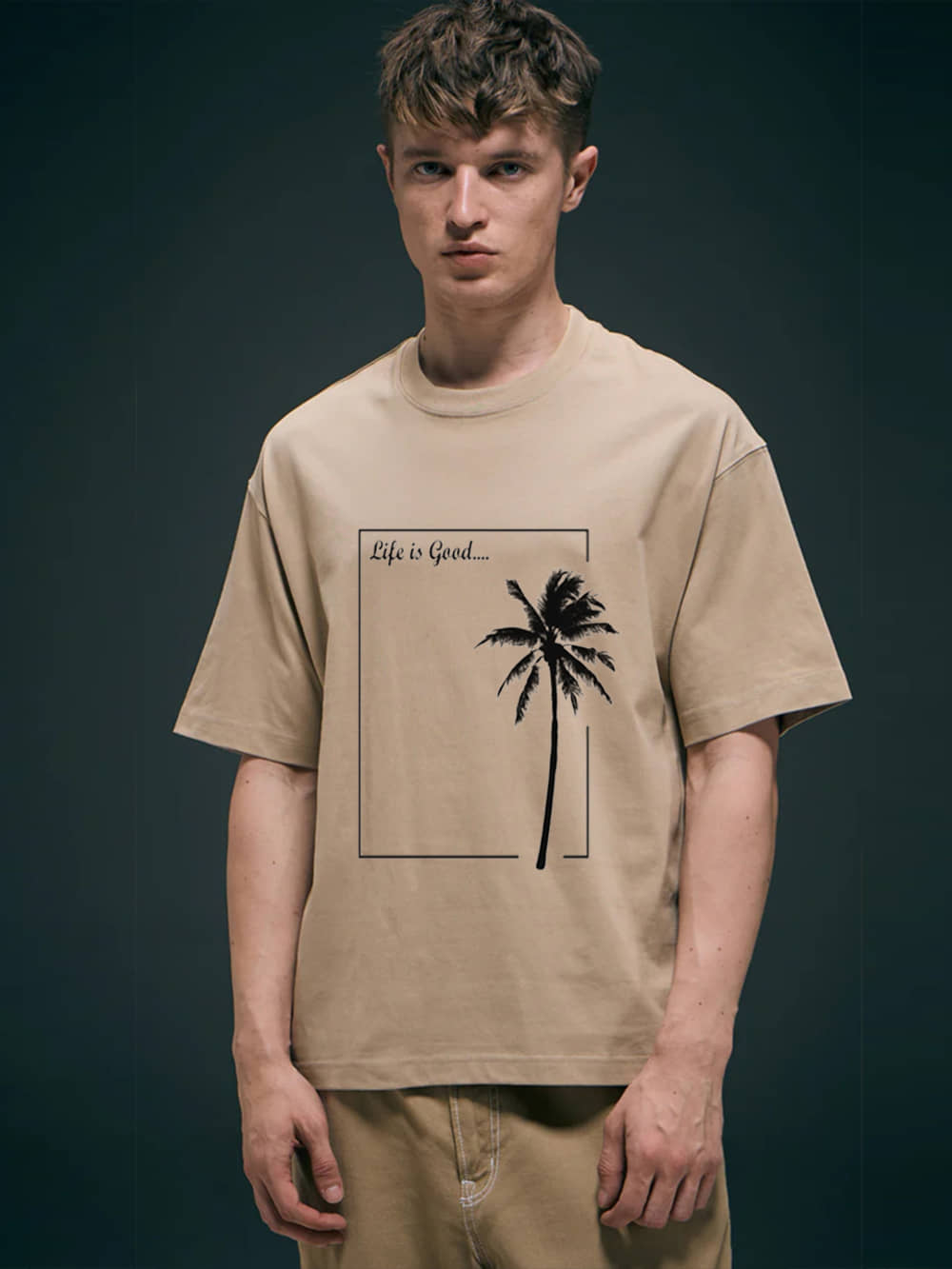 clafoutis Men Cotton Blend Oversized Fit Printed T-Shirt ( Beige )