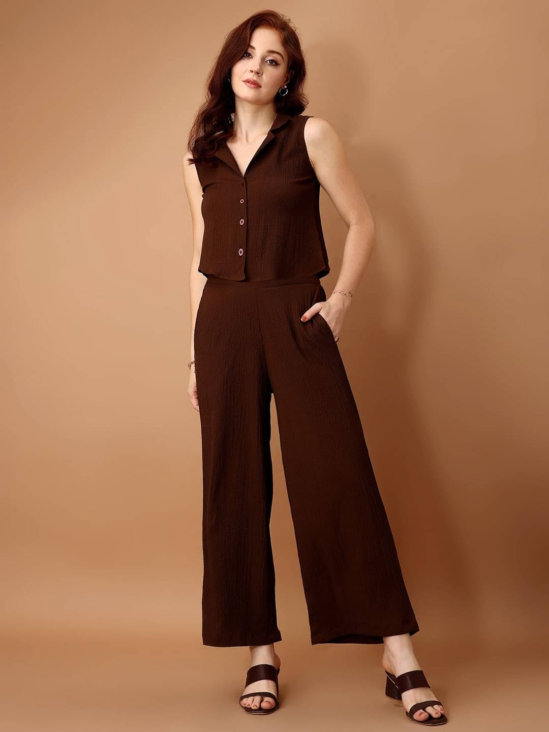    			AARYAINNL Women Solid Top With Palazzos Co-Ord Set ( Brown )