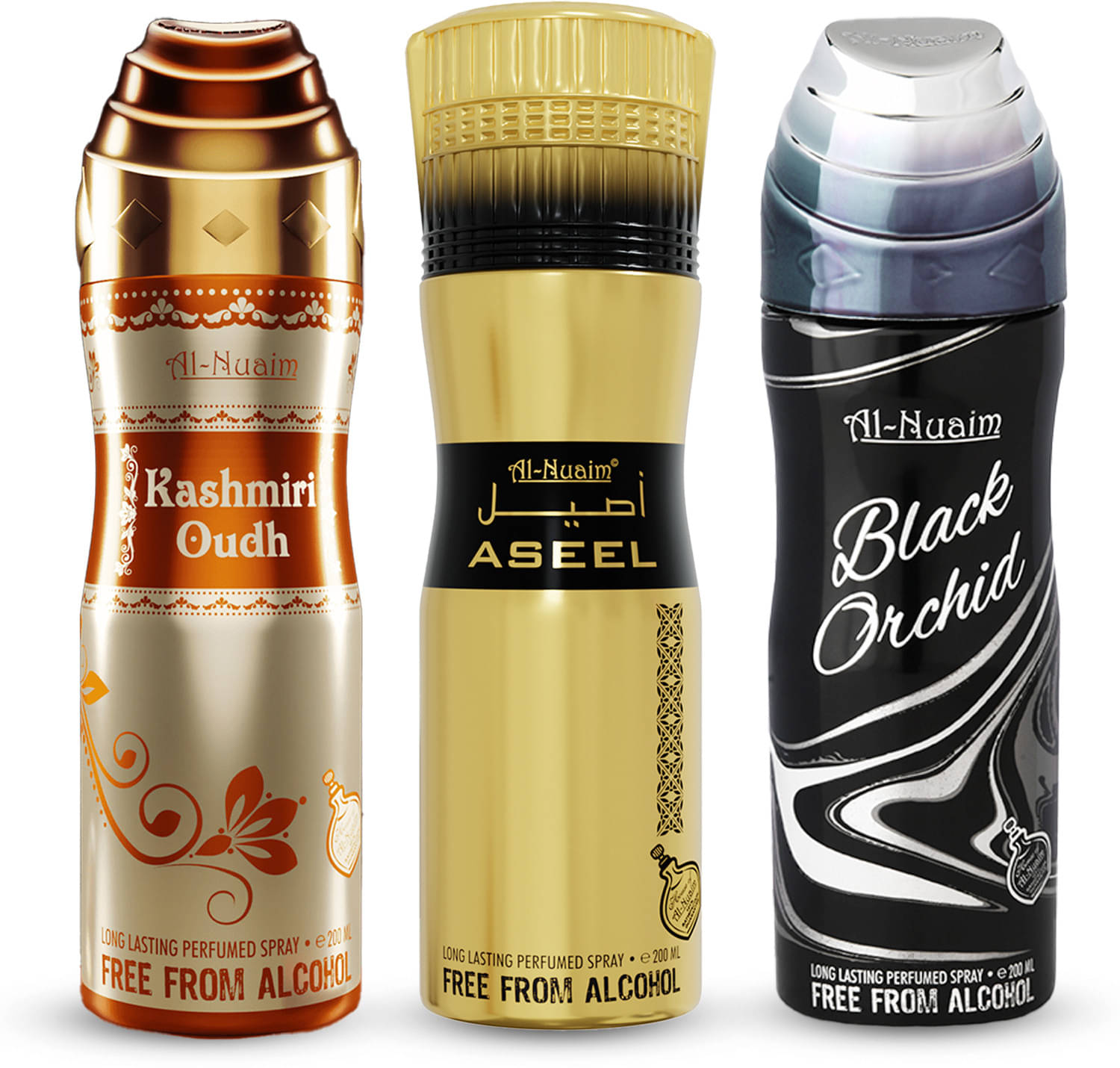     			Al-Nuaim Kashmiri Oudh, Aseel & Black Orchid De Deodorant Spray for Unisex 100 ml ( Pack of 3 )