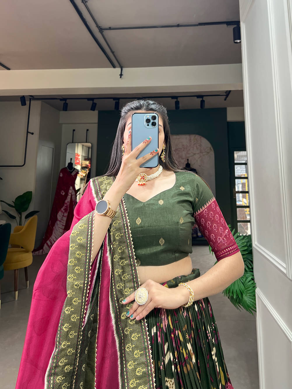     			CYNOR Green Tussar Silk Circular Stitched Lehenga Single