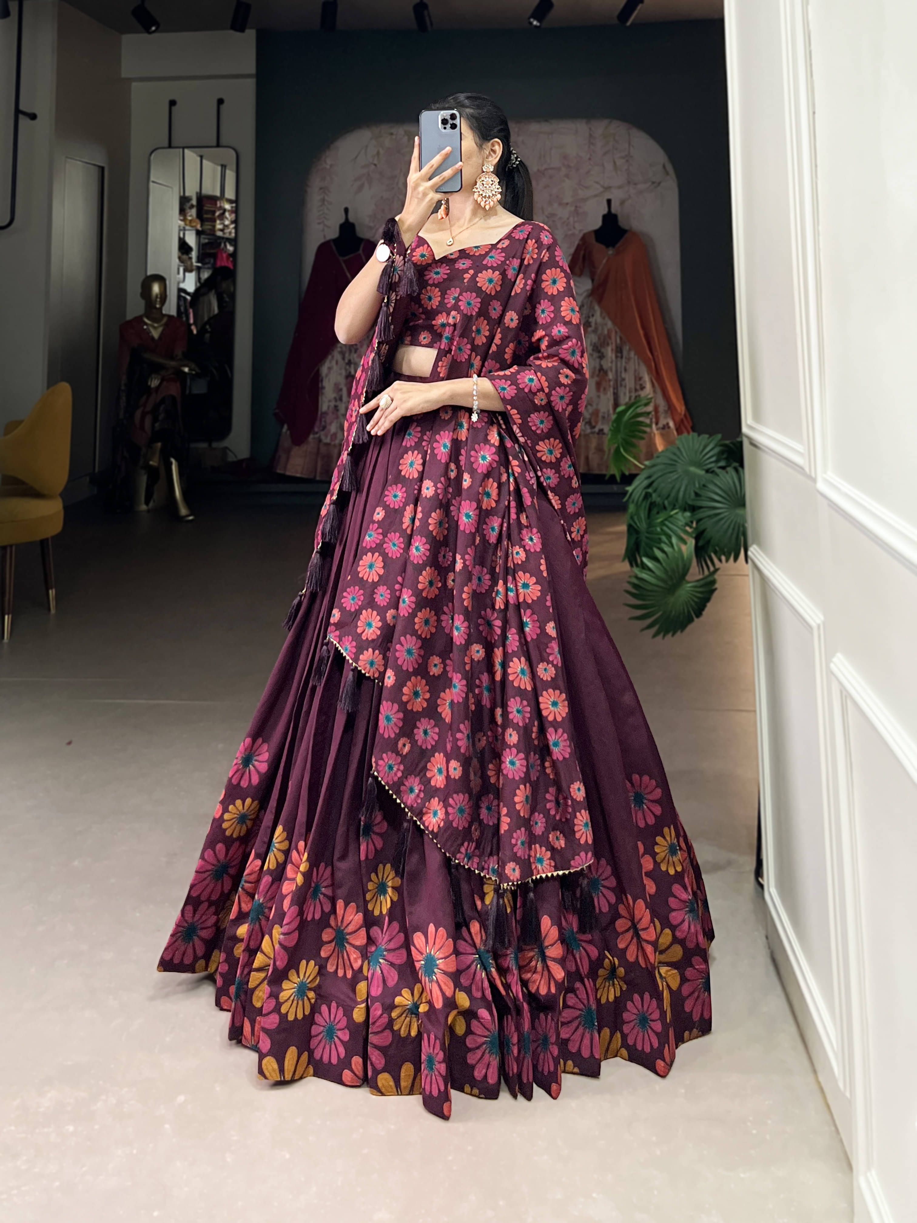     			CYNOR Maroon Tussar Silk Circular Stitched Lehenga Single