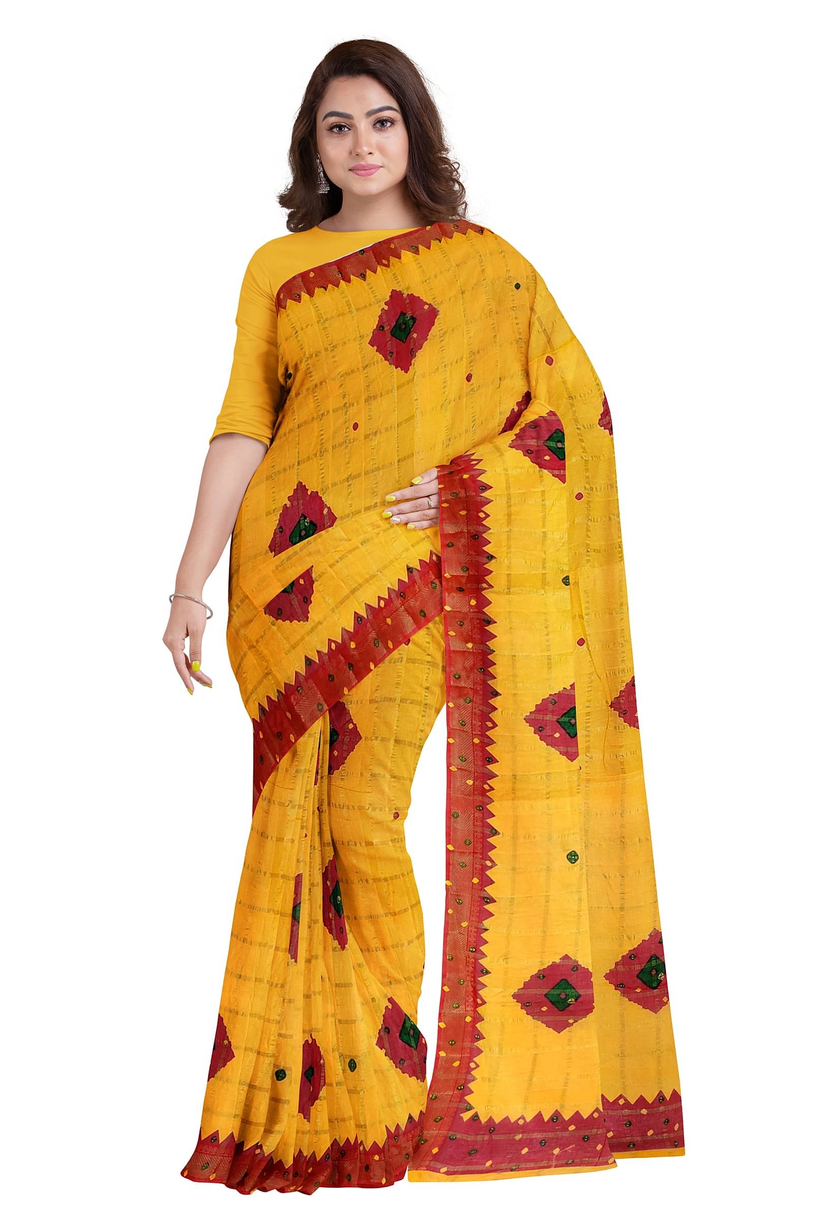    			Dishita Cotton Checks Bandhani Sarees Without Blouse Piece ( Yellow )