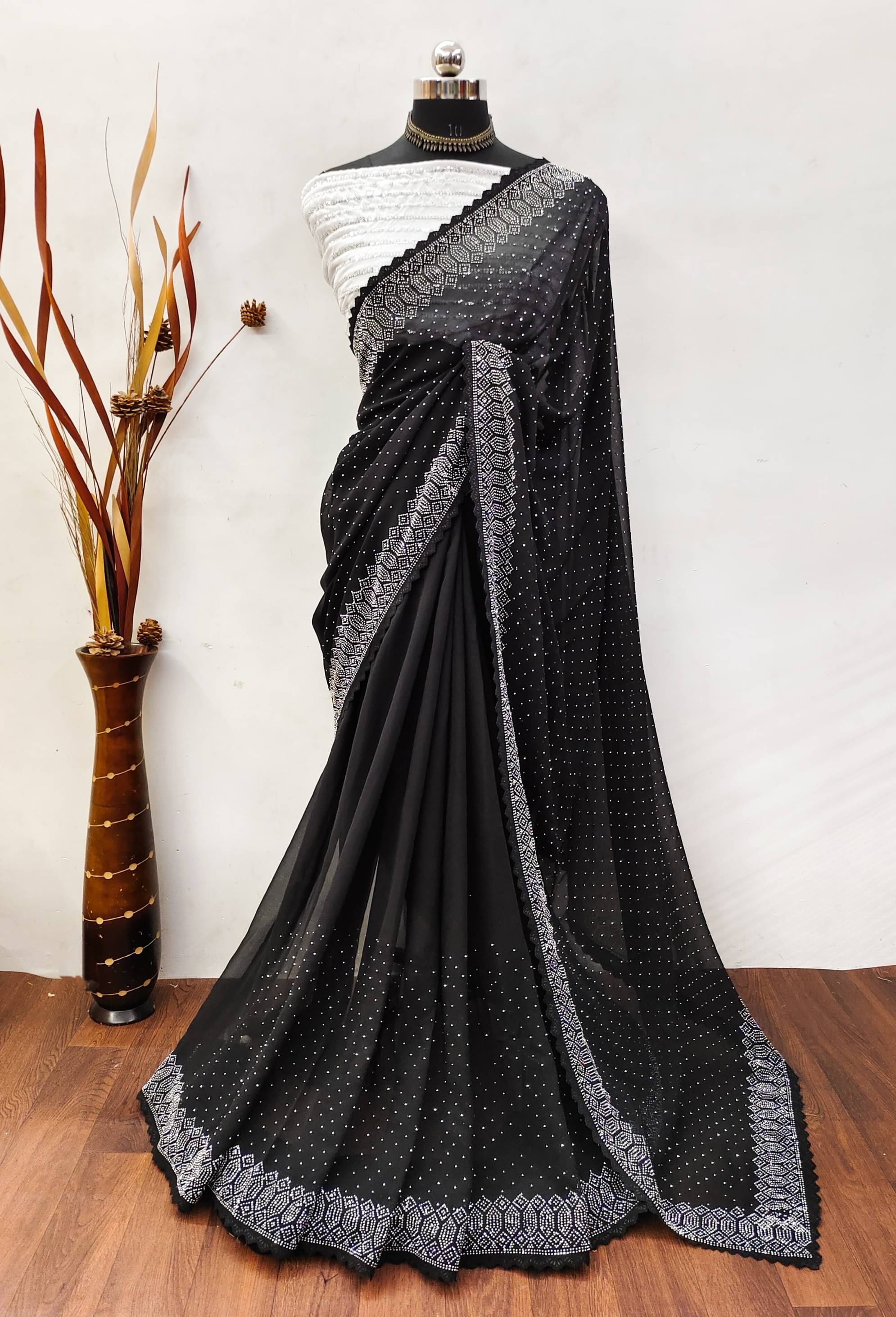Juhi Collection Georgette Self Design Saree With Unstitched Blouse Piece ( Black ) Juhi Collection Georgette Self Design Saree With Unstitched Blouse Piece ( Black )