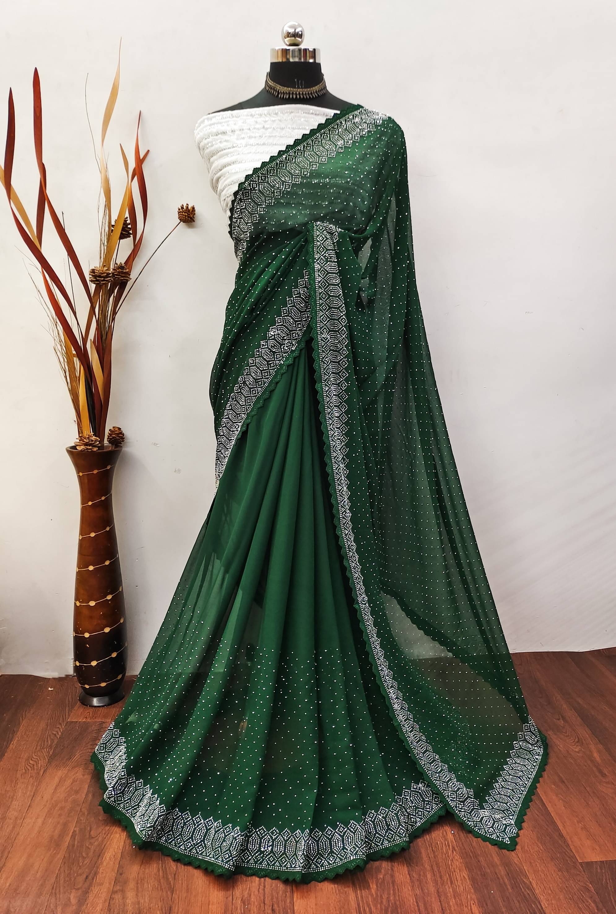 Juhi Collection Georgette Self Design Saree With Unstitched Blouse Piece ( Green ) Juhi Collection Georgette Self Design Saree With Unstitched Blouse Piece ( Green )