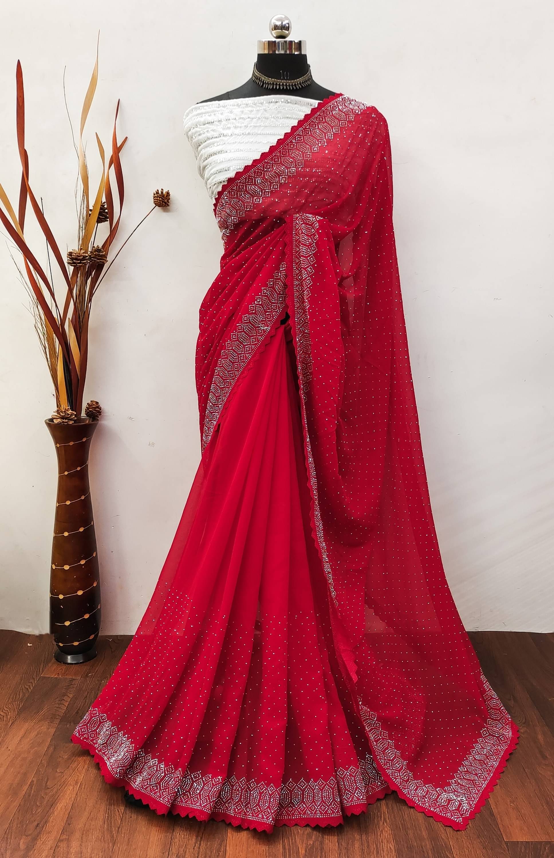     			Juhi Collection Georgette Self Design Saree With Unstitched Blouse Piece ( Red )