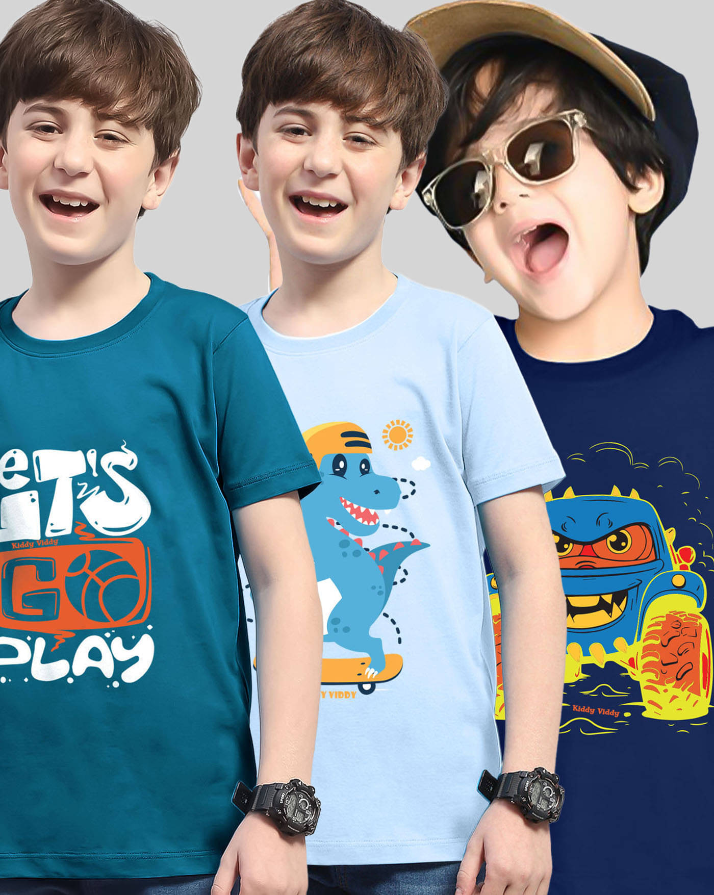     			KIDDY VIDDY Pack of 3 Boys Cotton Blend T-Shirt ( Teal )